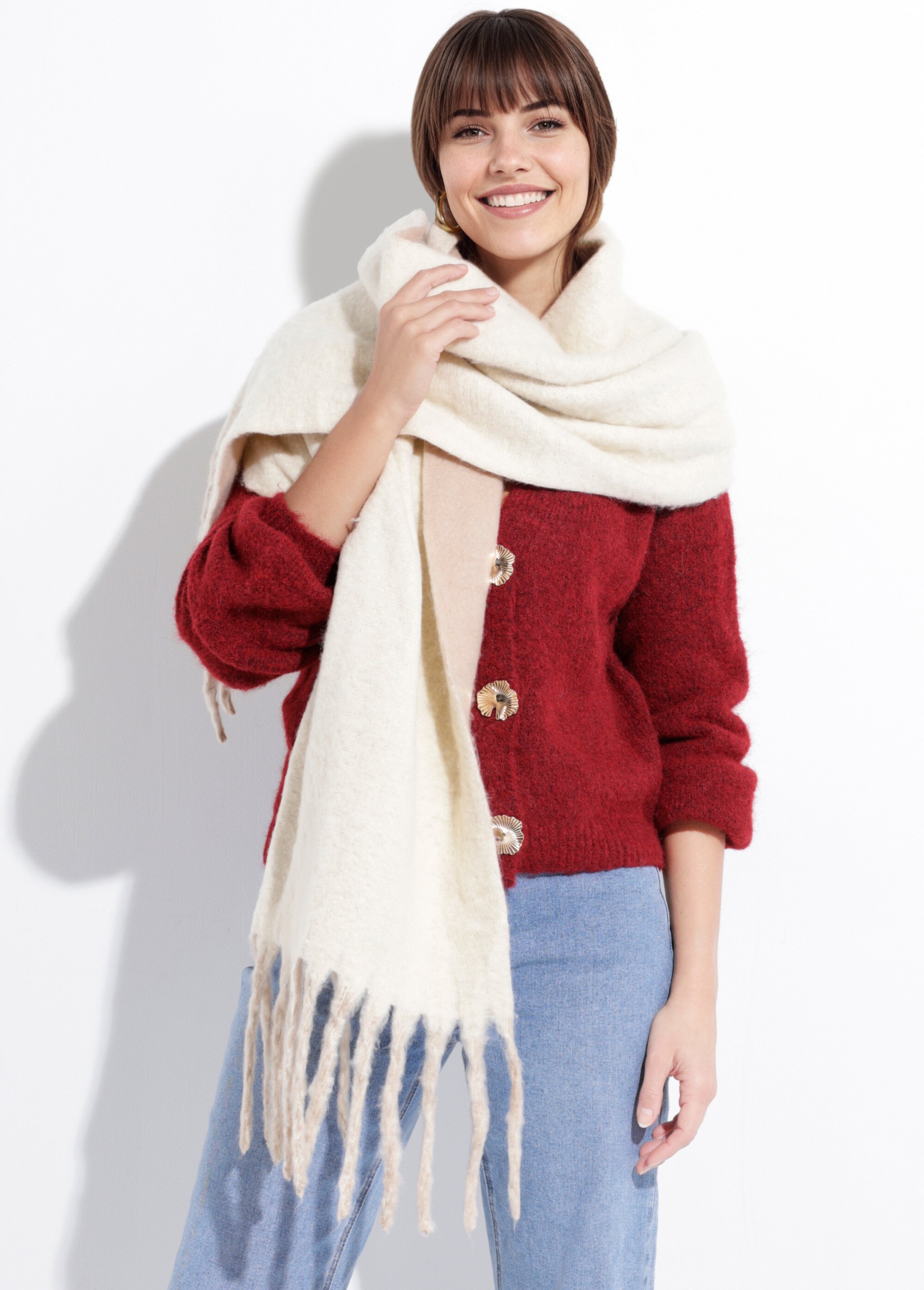 Echarpe bicolore avec grandes franges Femme Beige NES180LSW2534 MV1