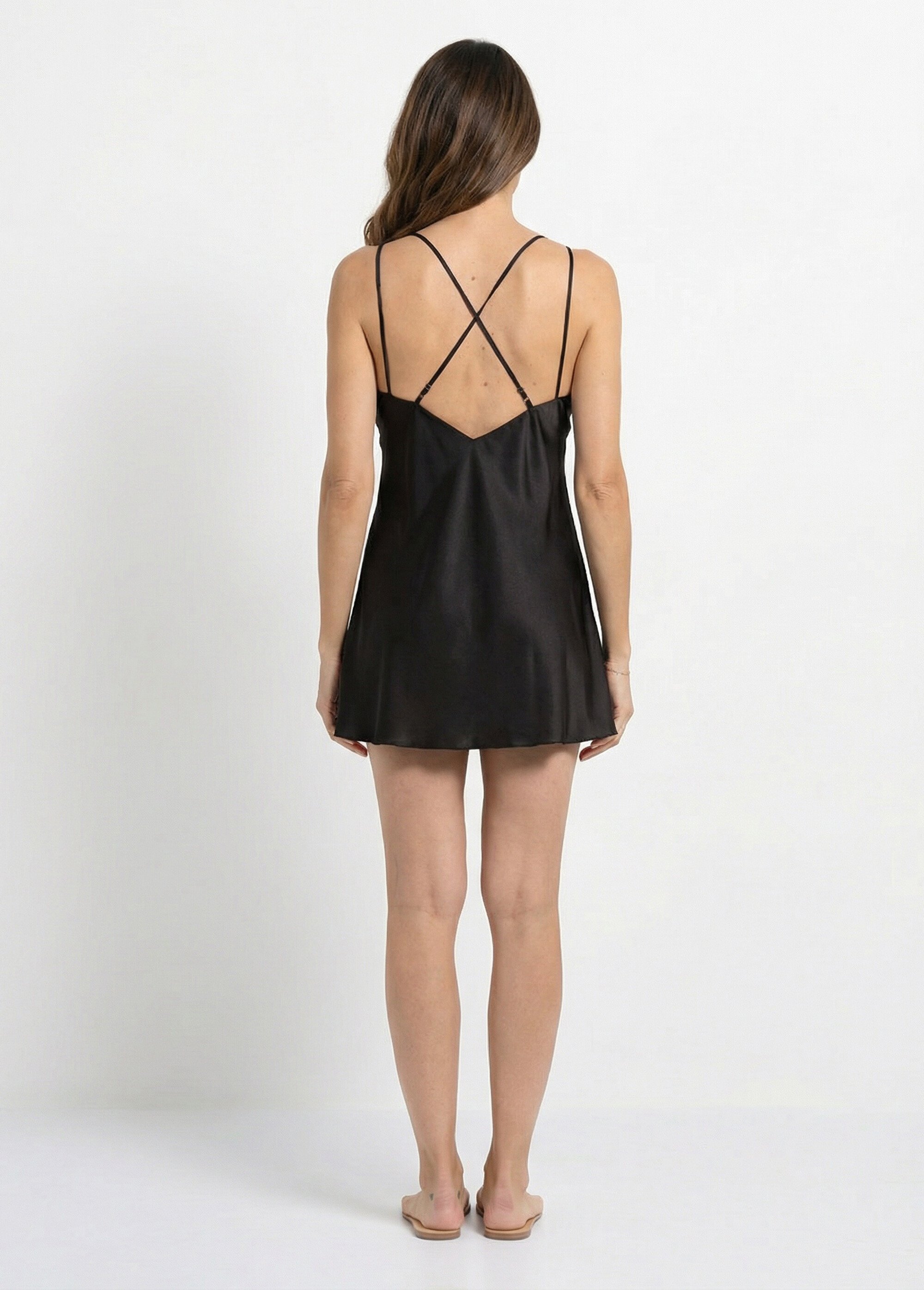 Nuisette satin en V, bretelles croisées Femme Noir SUNPJ-293 DO1