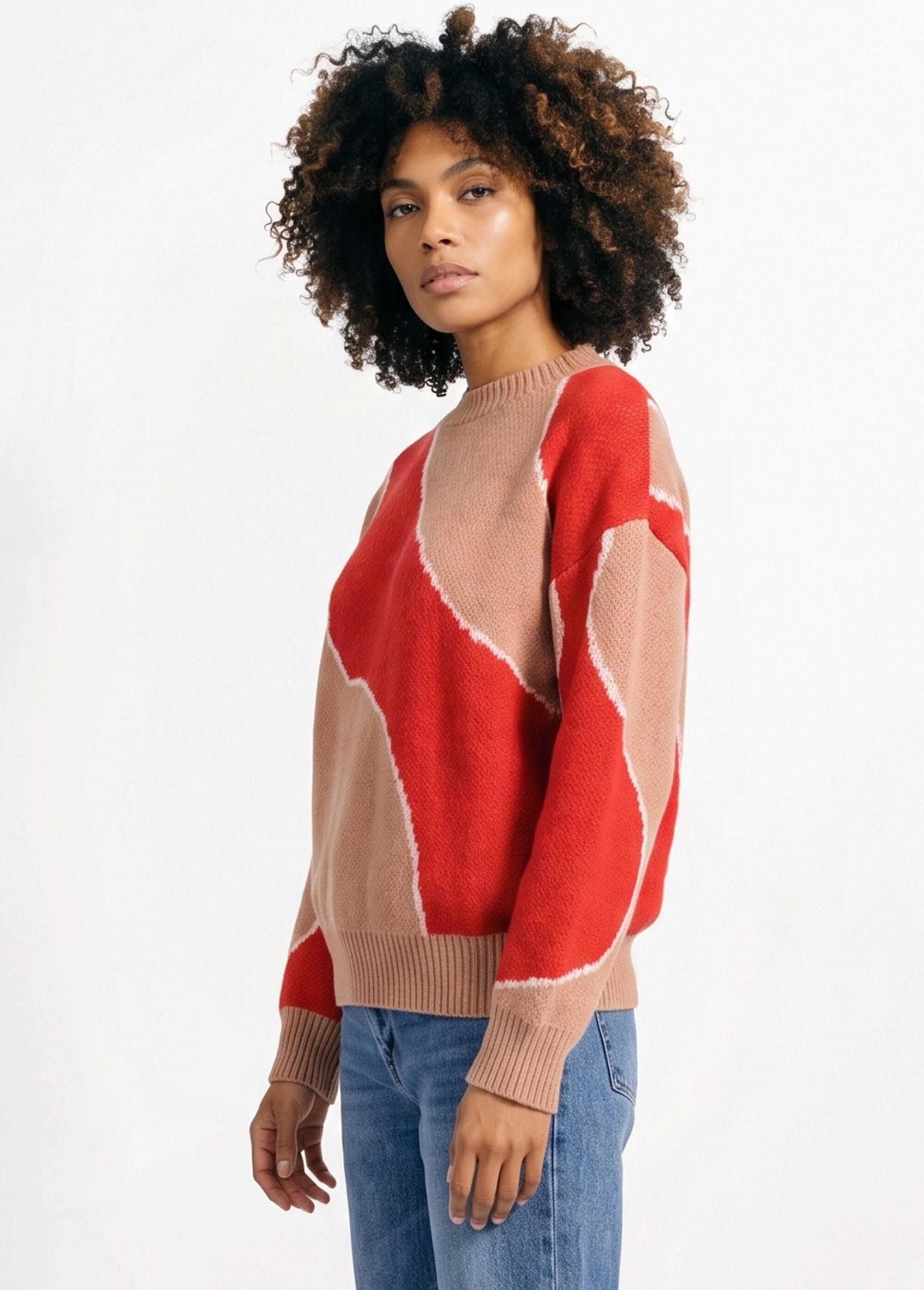 Pull épais ras de cou jacquard fantaisie Femme Rouge JB-A8243 DR1