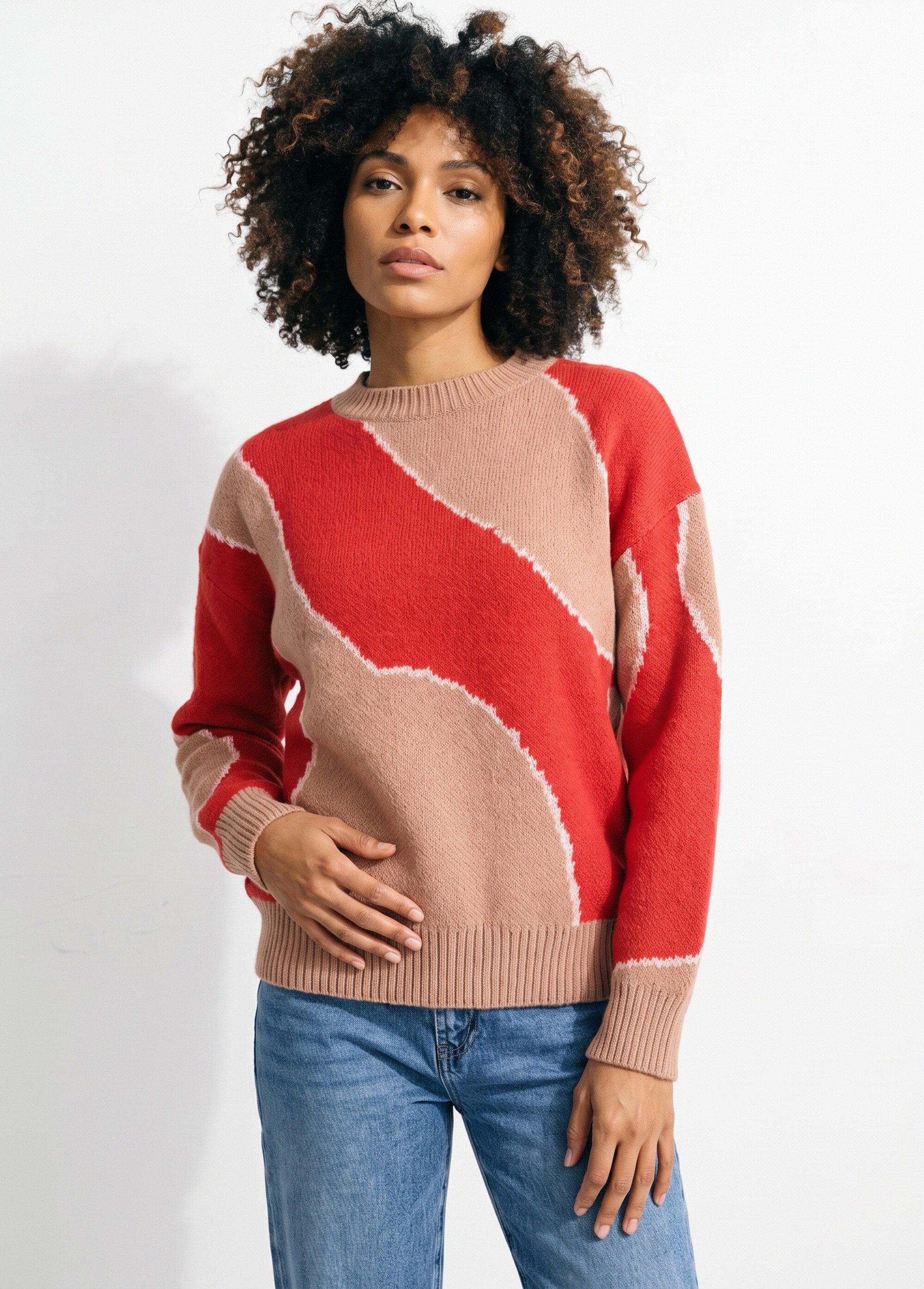 Pull épais ras de cou jacquard fantaisie Femme Rouge JB-A8243 FA1