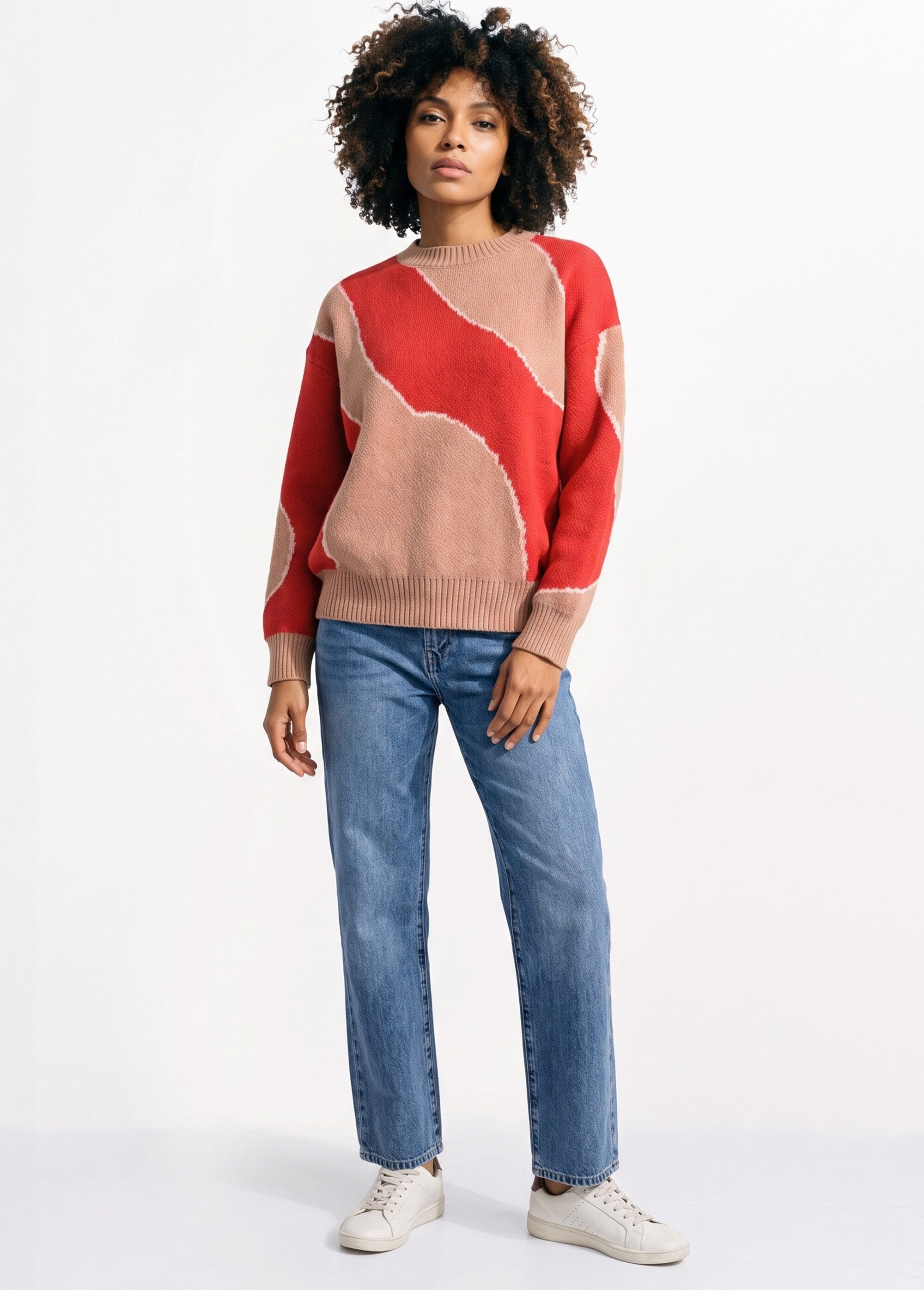 Pull épais ras de cou jacquard fantaisie Femme Rouge JB-A8243 SI1