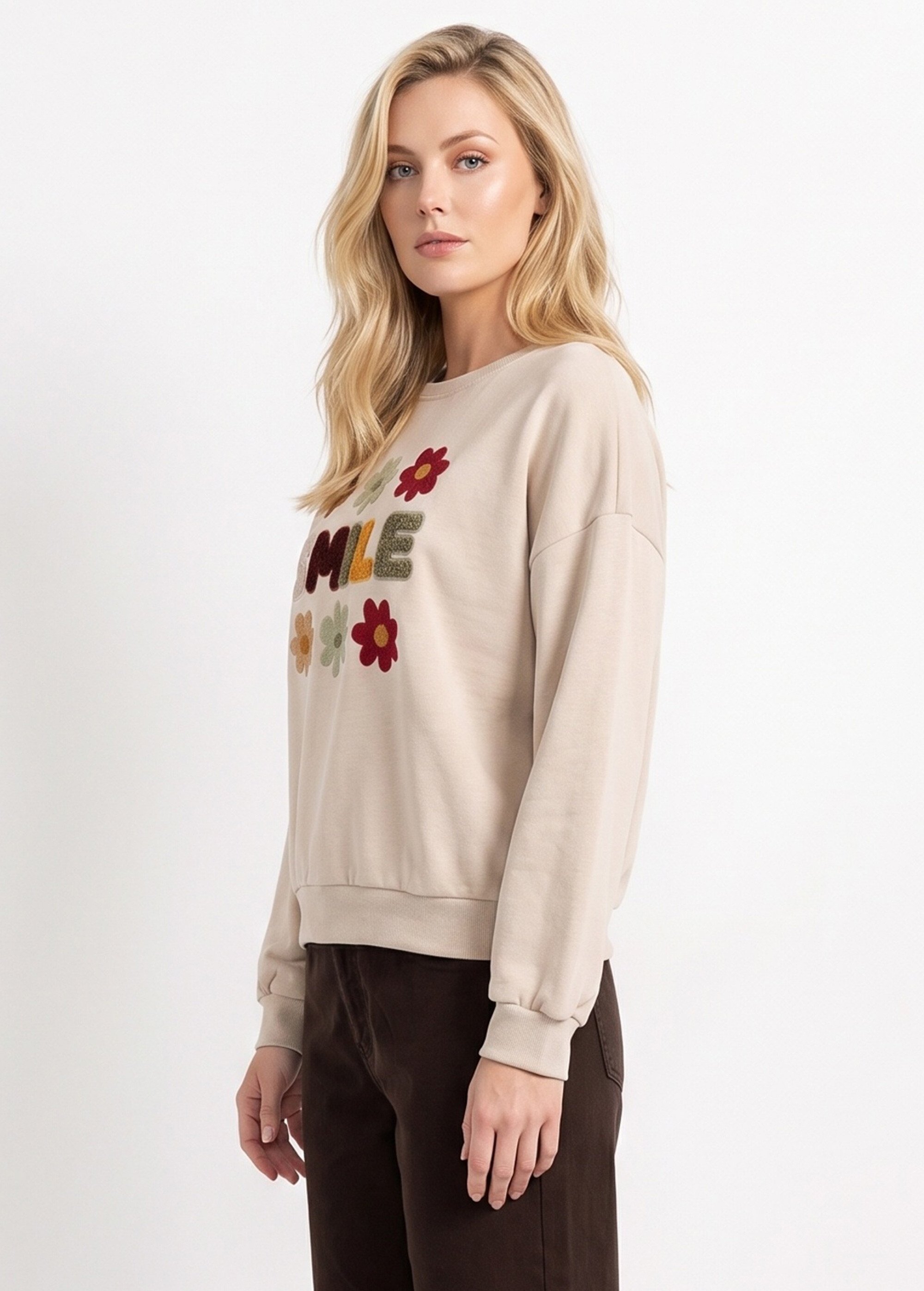 Sweat manches longues message brodé Smile Beige JB-A6936 DR1