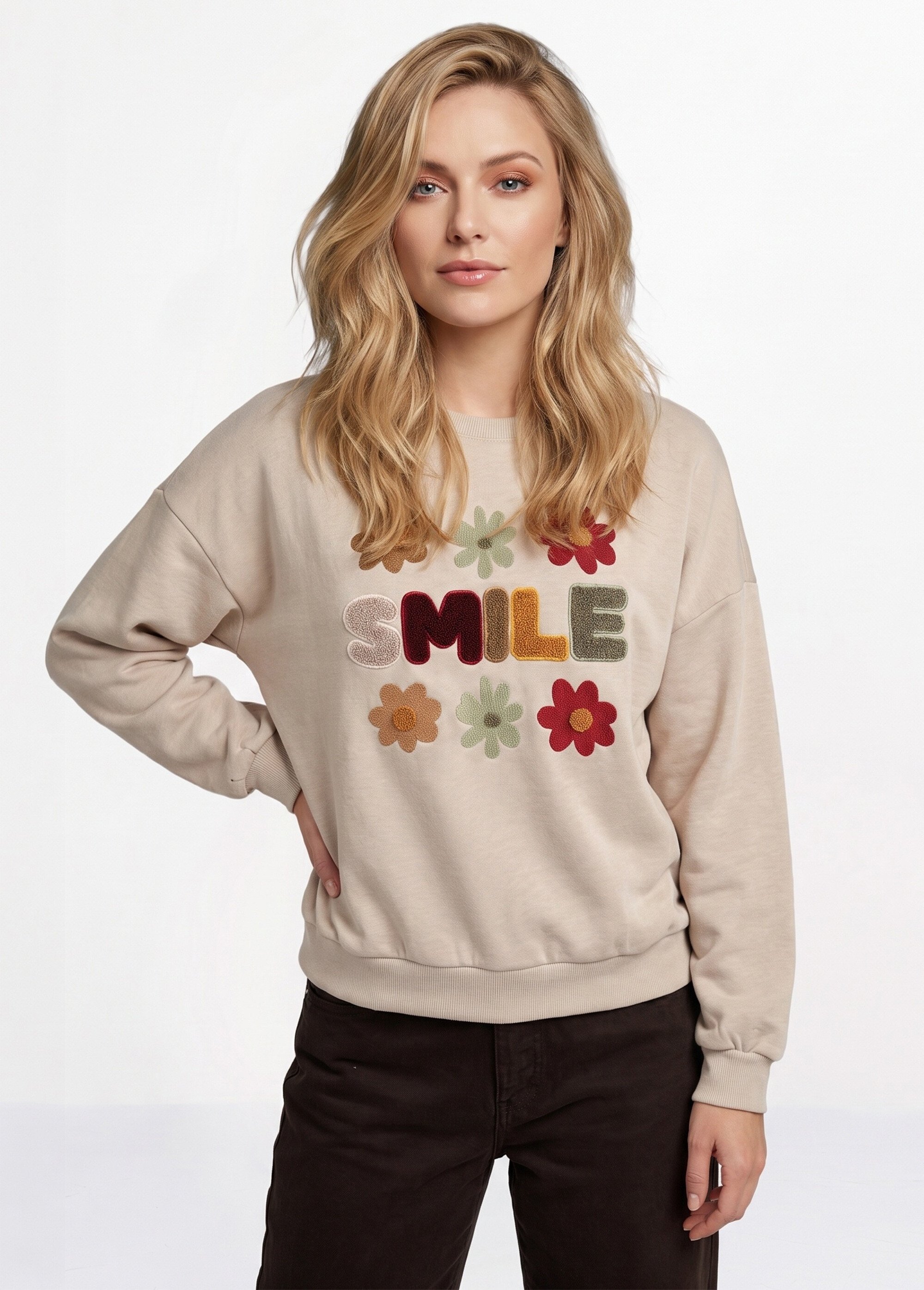 Sweat manches longues message brodé Smile Beige JB-A6936 FA1