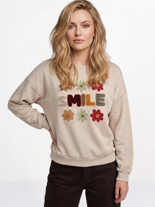 Sweat manches longues message brodé Smile Beige JB-A6936 FA1