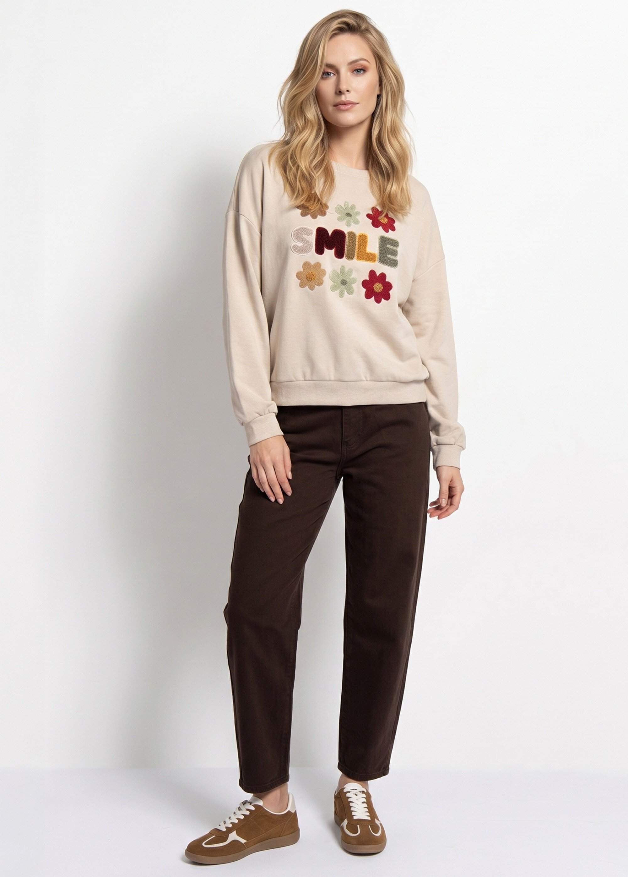 Sweat manches longues message brodé Smile Beige JB-A6936 SI1