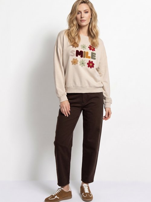 Sweat manches longues message brodé Smile Beige JB-A6936 SI1