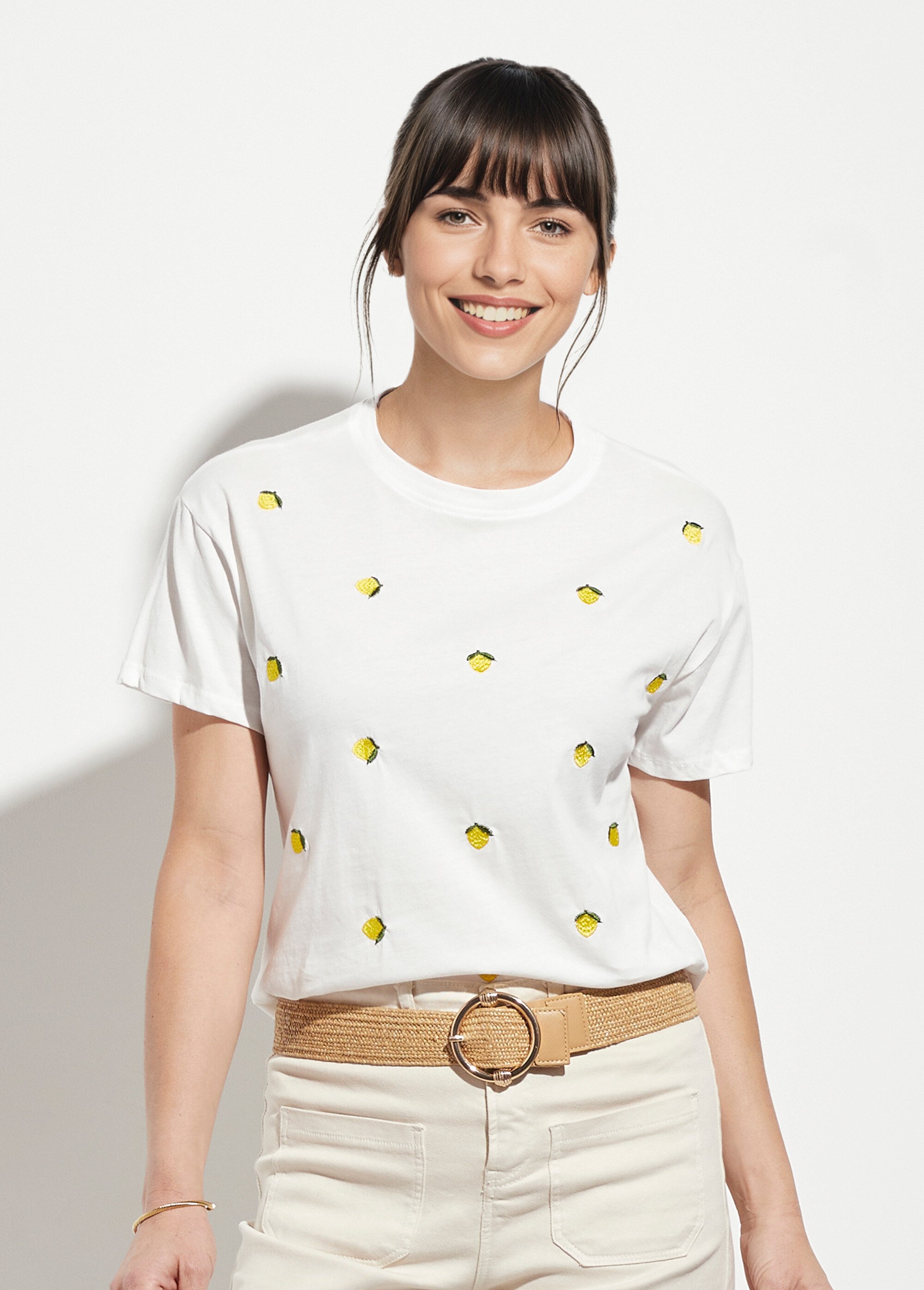 T-shirt col rond avec broderies citrons