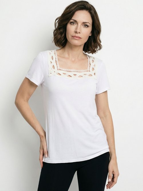 T-shirt long évasé col carré effet brodé Femme Blanc CYRINA FA1