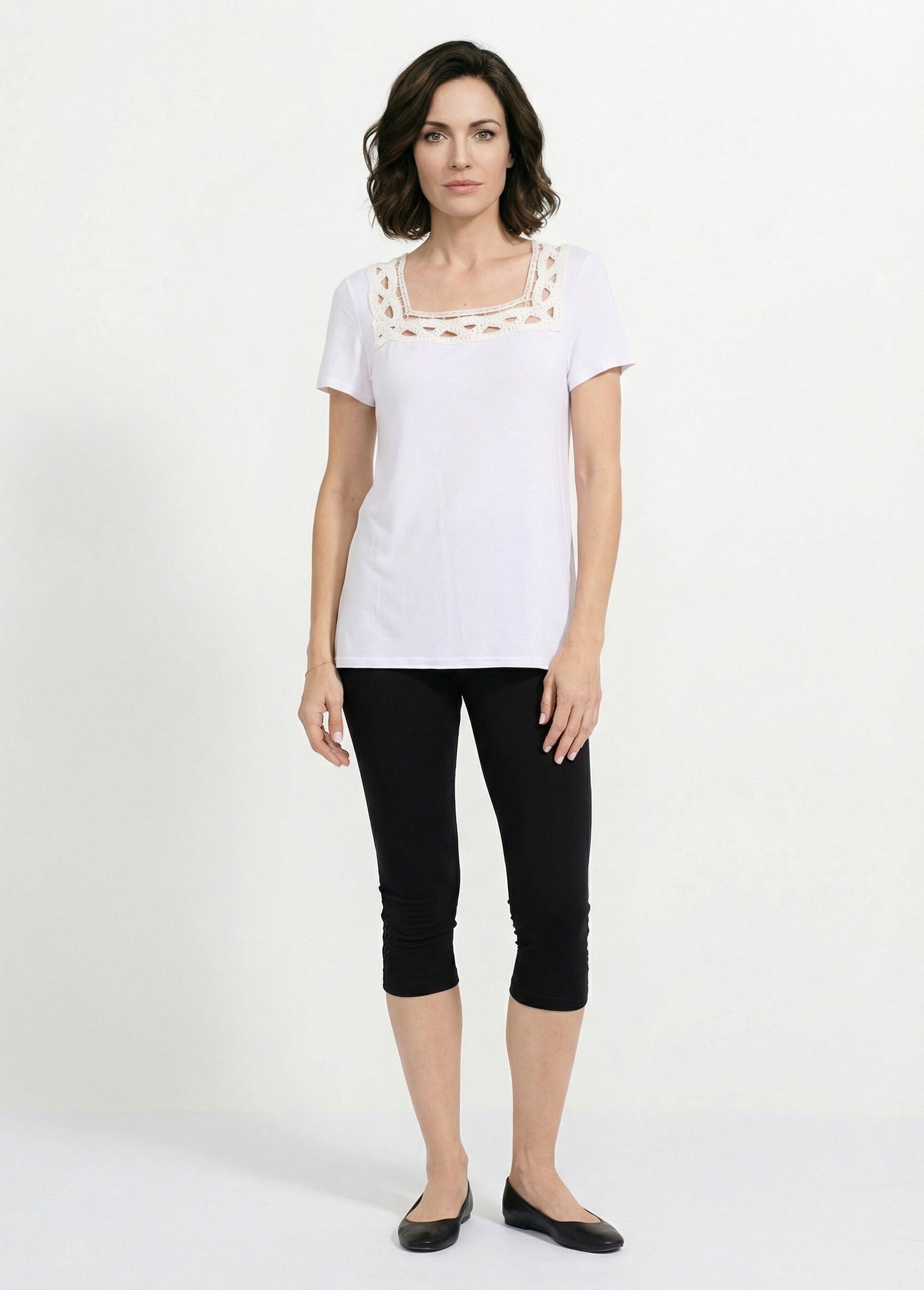 T-shirt long évasé col carré effet brodé Femme Blanc CYRINA SF1