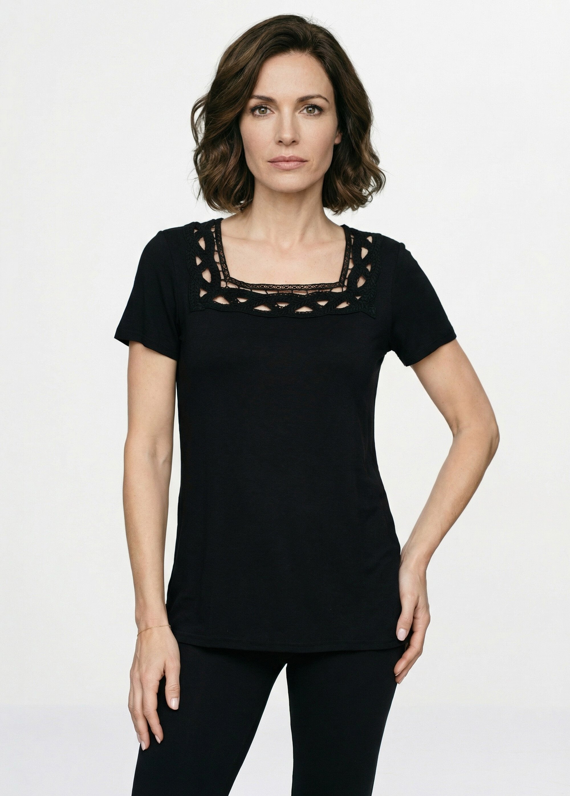 T-shirt long évasé col carré effet brodé Femme Noir CYRINA FA1