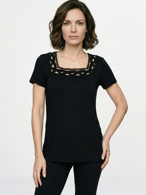 T-shirt long évasé col carré effet brodé Femme Noir CYRINA FA1