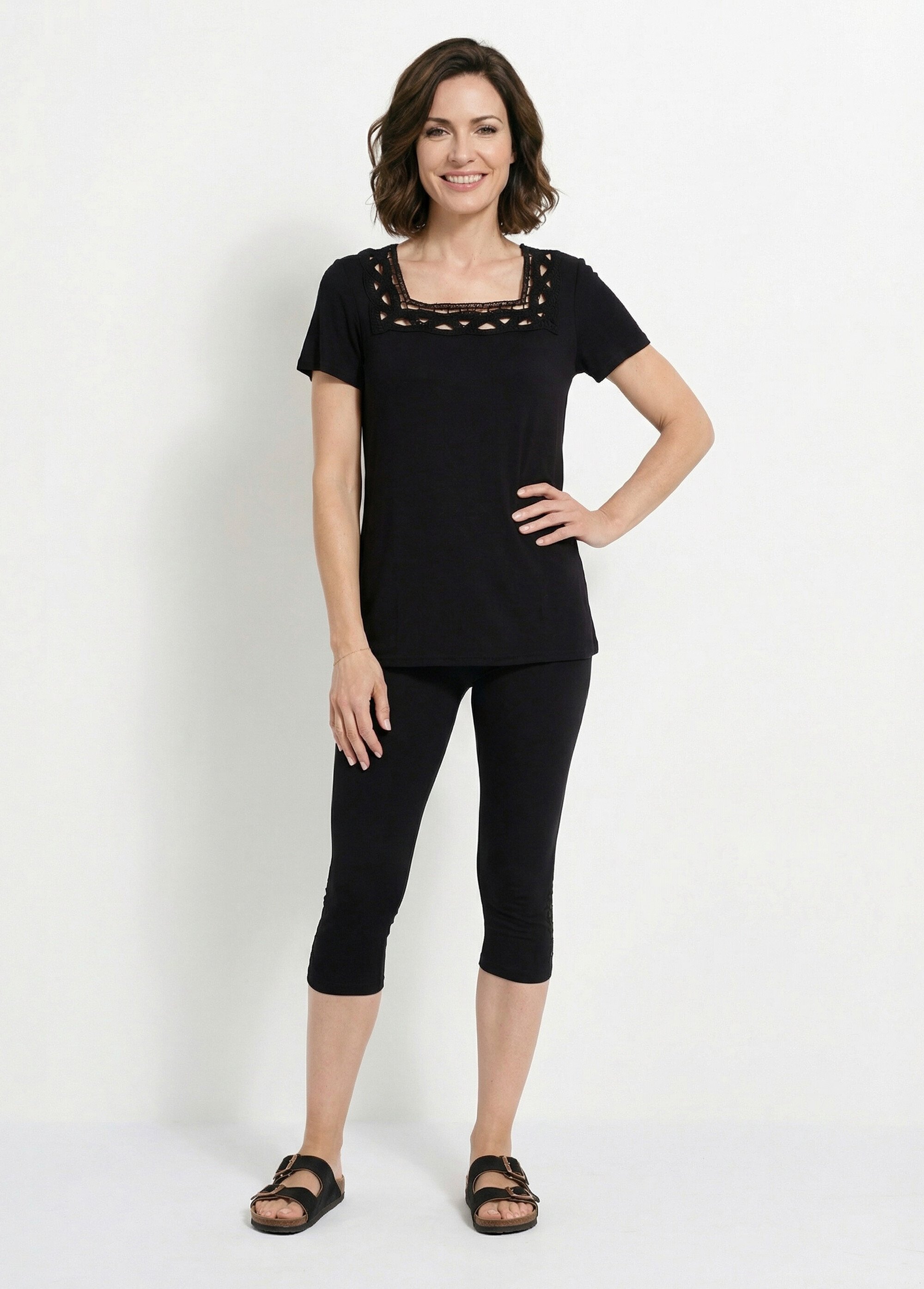 T-shirt long évasé col carré effet brodé Femme Noir CYRINA SF1