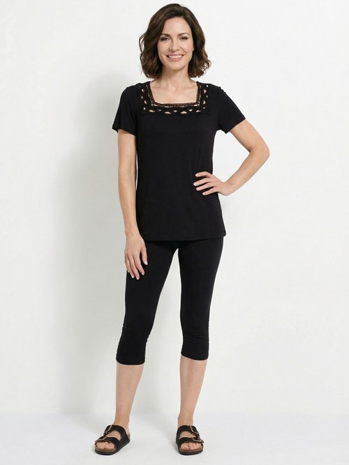 T-shirt long évasé col carré effet brodé Femme Noir CYRINA SF1