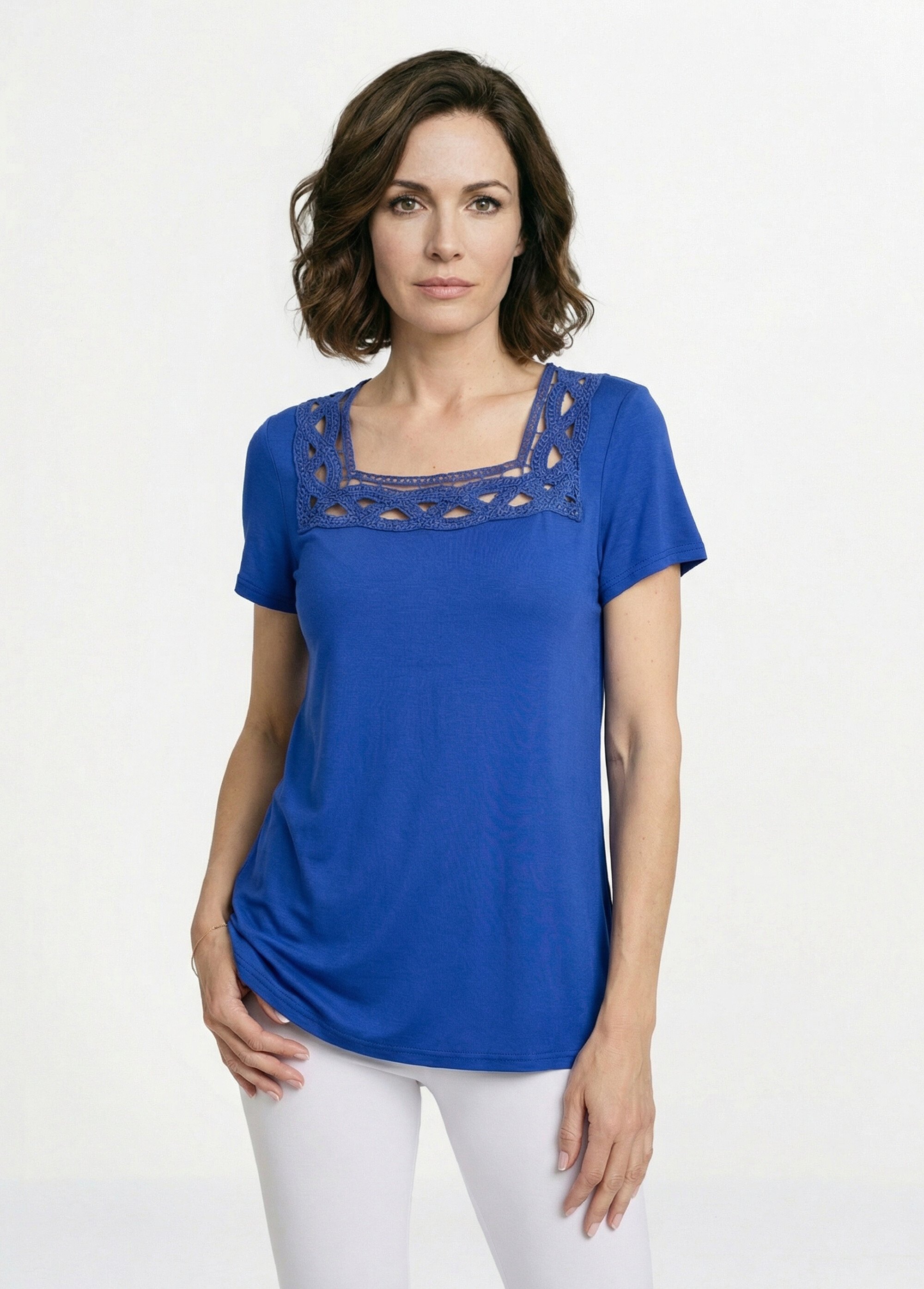 T-shirt long évasé col carré effet brodé Femme Bleu CYRINA FA1