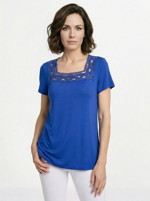 T-shirt long évasé col carré effet brodé Femme Bleu CYRINA FA1