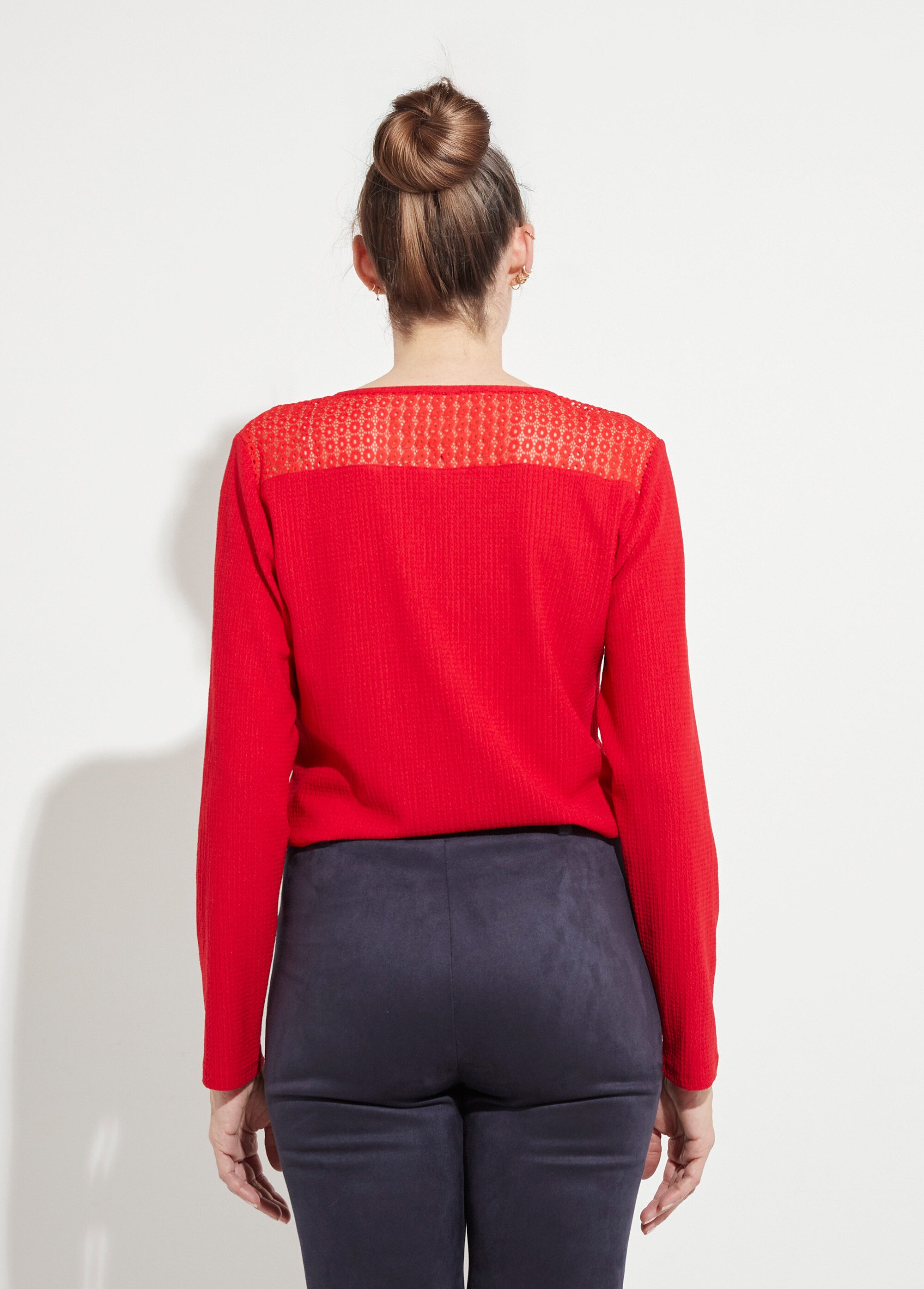 T-shirt maille gaufrée dentelle encolure bijou Femme Rouge CYRUS DO1
