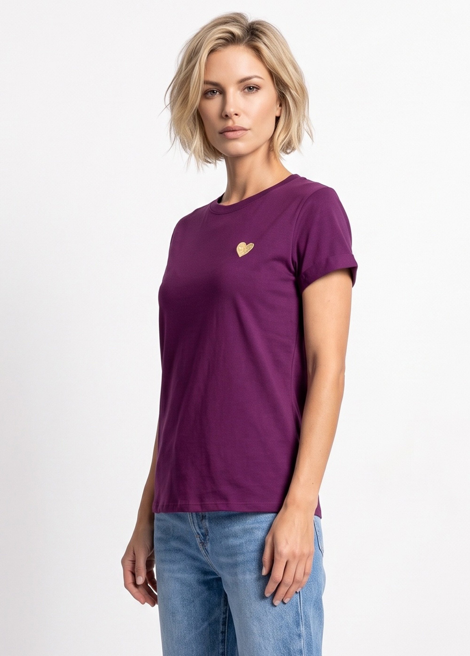 T-shirt manches courtes broderie coeur Femme Violet IA-M502 DR1