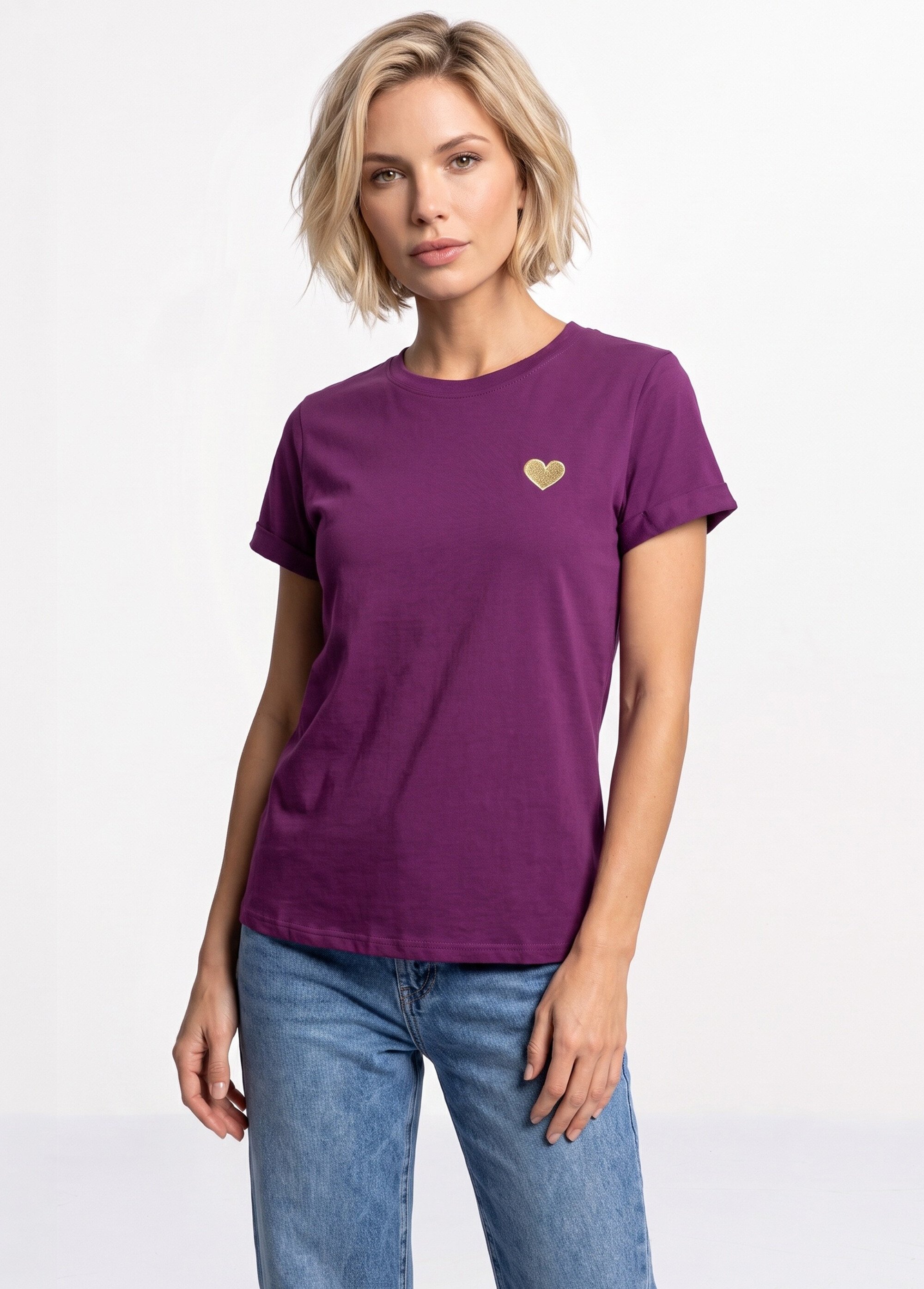 T-shirt manches courtes broderie coeur Femme Violet IA-M502 FA1