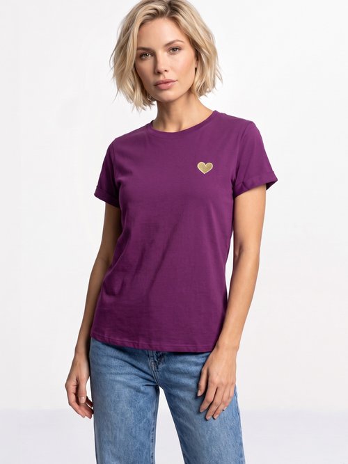 T-shirt manches courtes broderie coeur Femme Violet IA-M502 FA1
