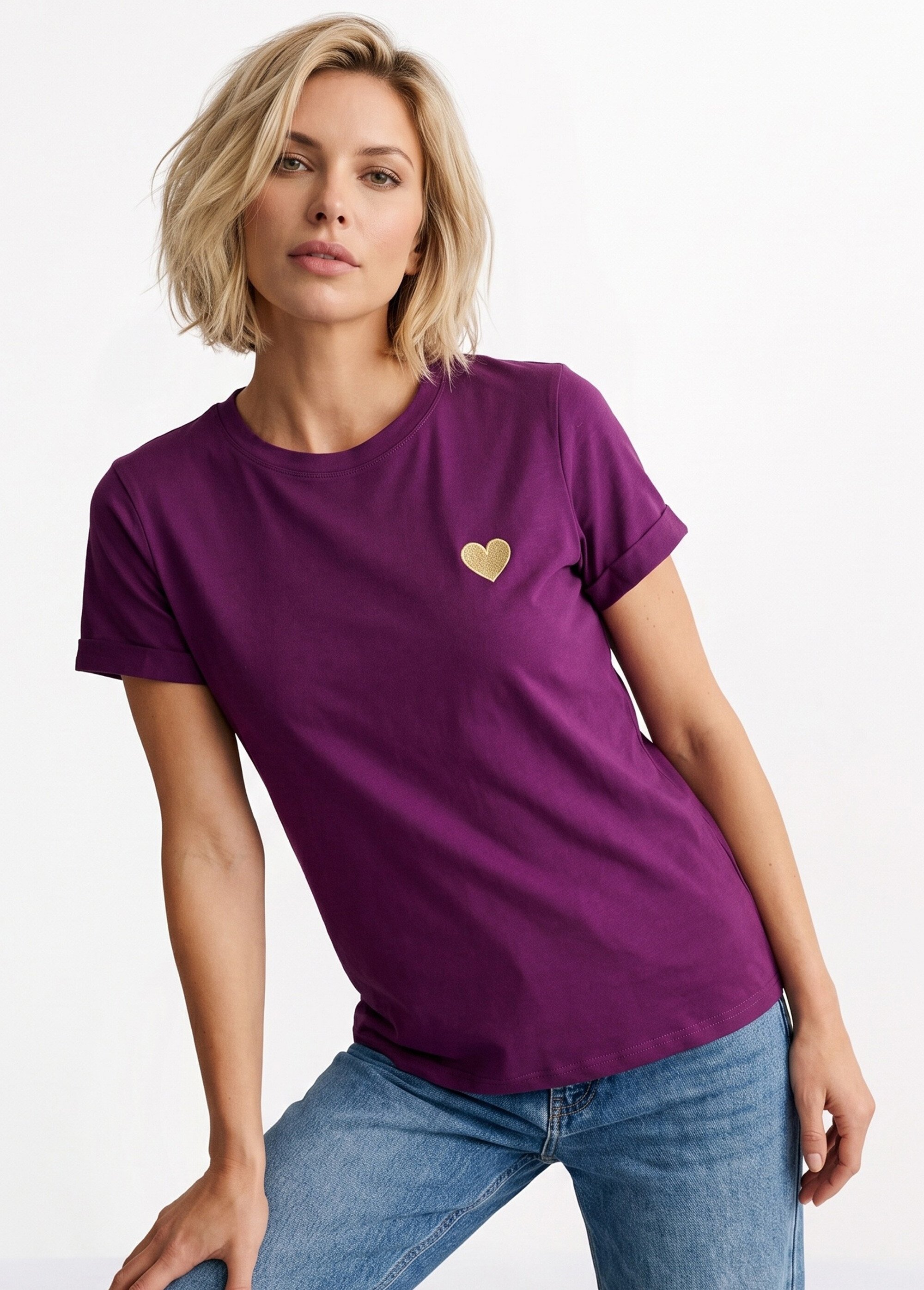 T-shirt manches courtes broderie coeur Femme Violet IA-M502 MV1