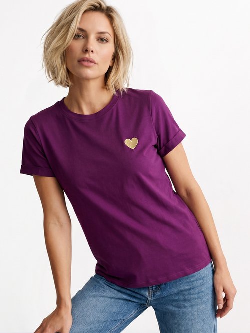 T-shirt manches courtes broderie coeur Femme Violet IA-M502 MV1