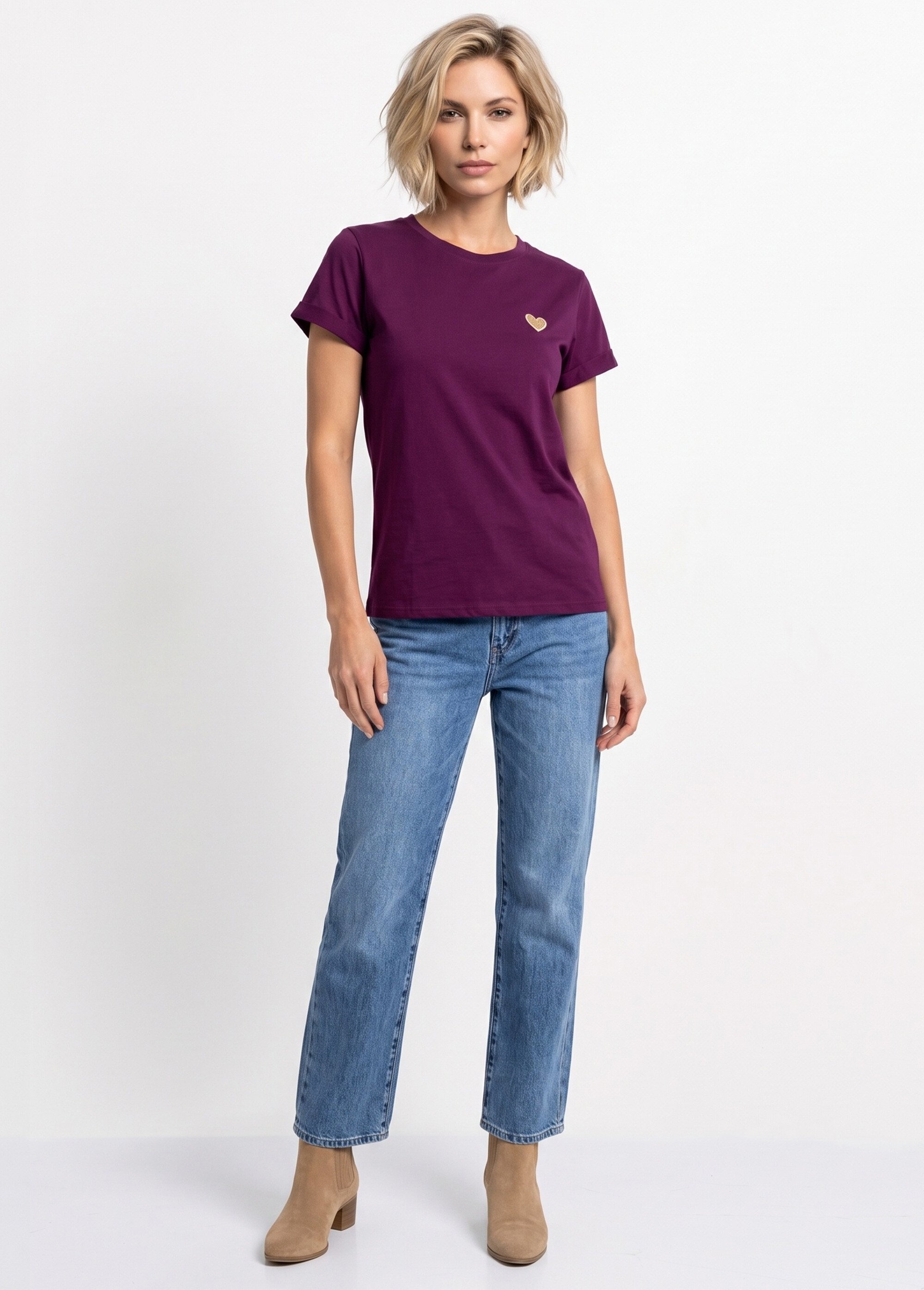T-shirt manches courtes broderie coeur Femme Violet IA-M502 SI1