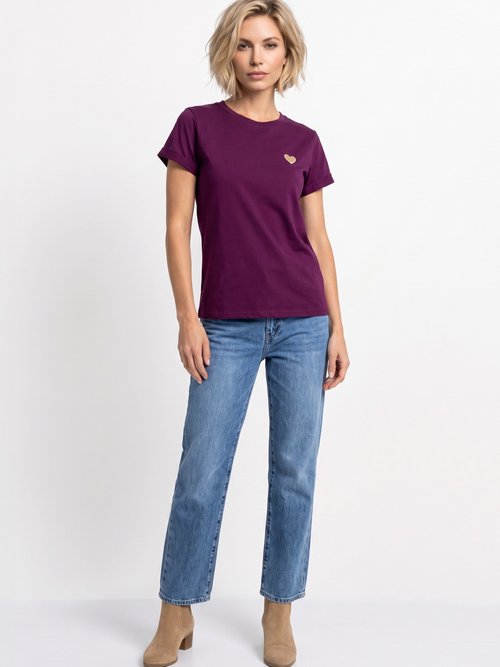 T-shirt manches courtes broderie coeur Femme Violet IA-M502 SI1