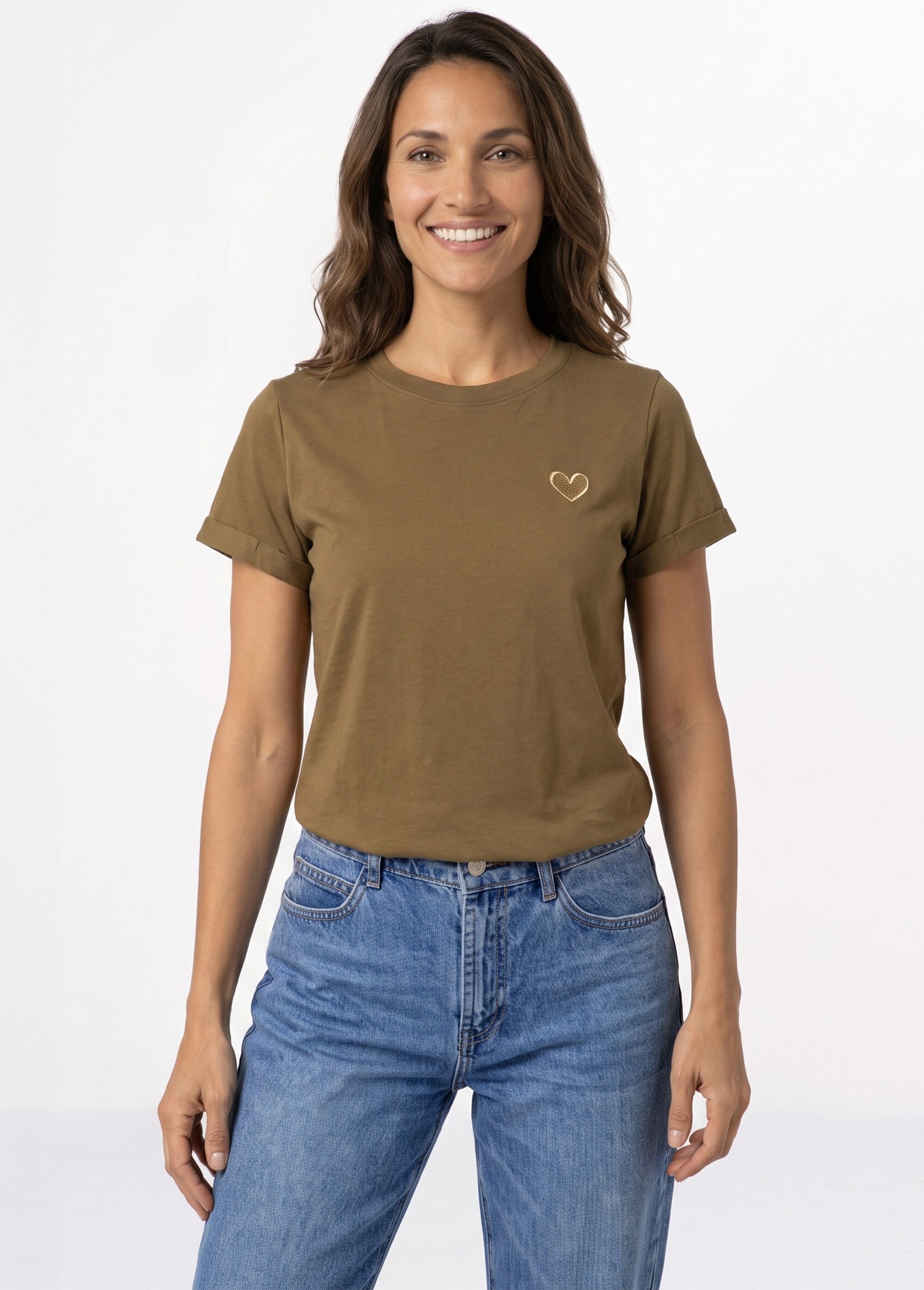 T-shirt manches courtes broderie coeur Femme Vert IA-M502 FA1
