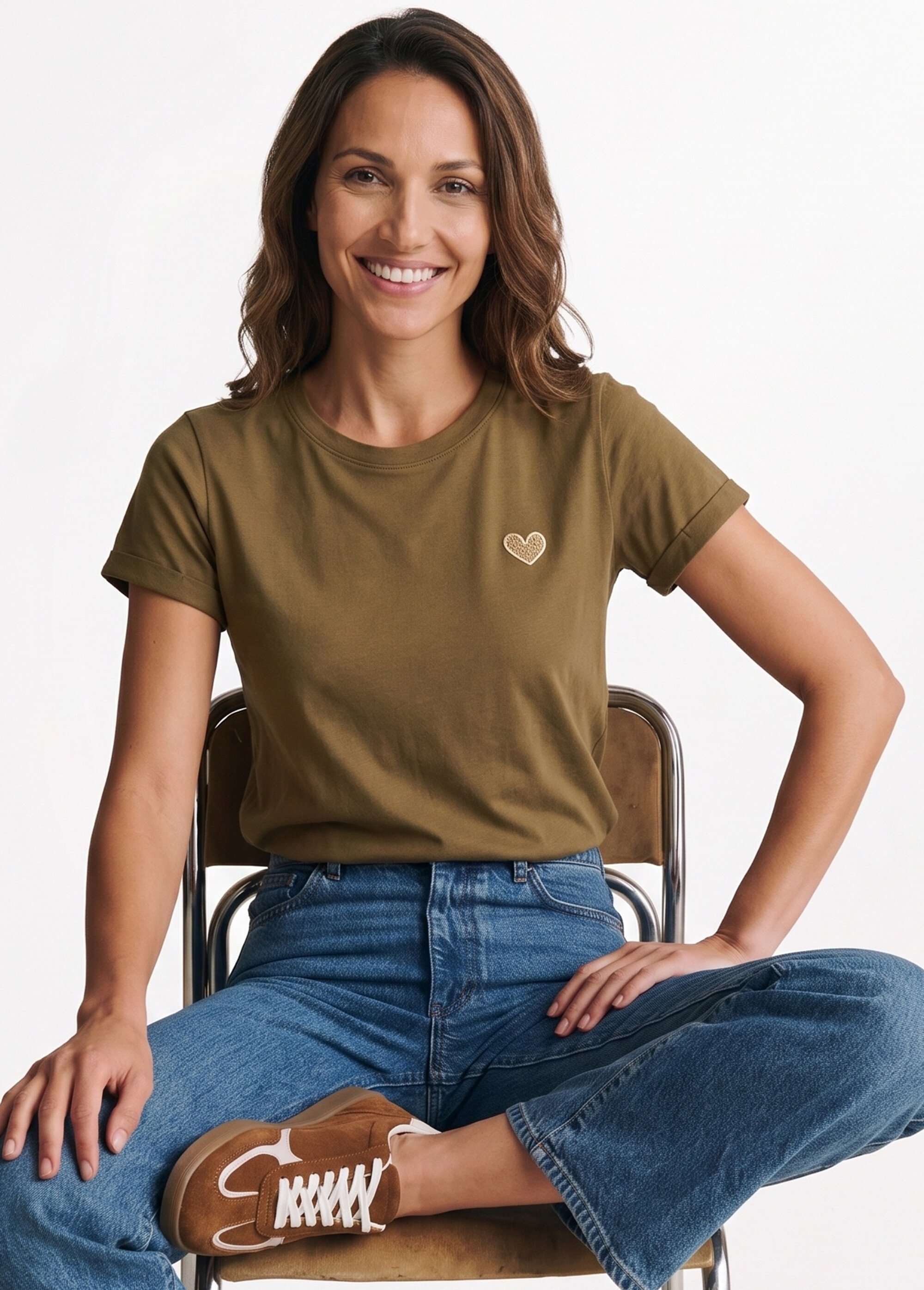 T-shirt manches courtes broderie coeur Femme Vert IA-M502 MV1
