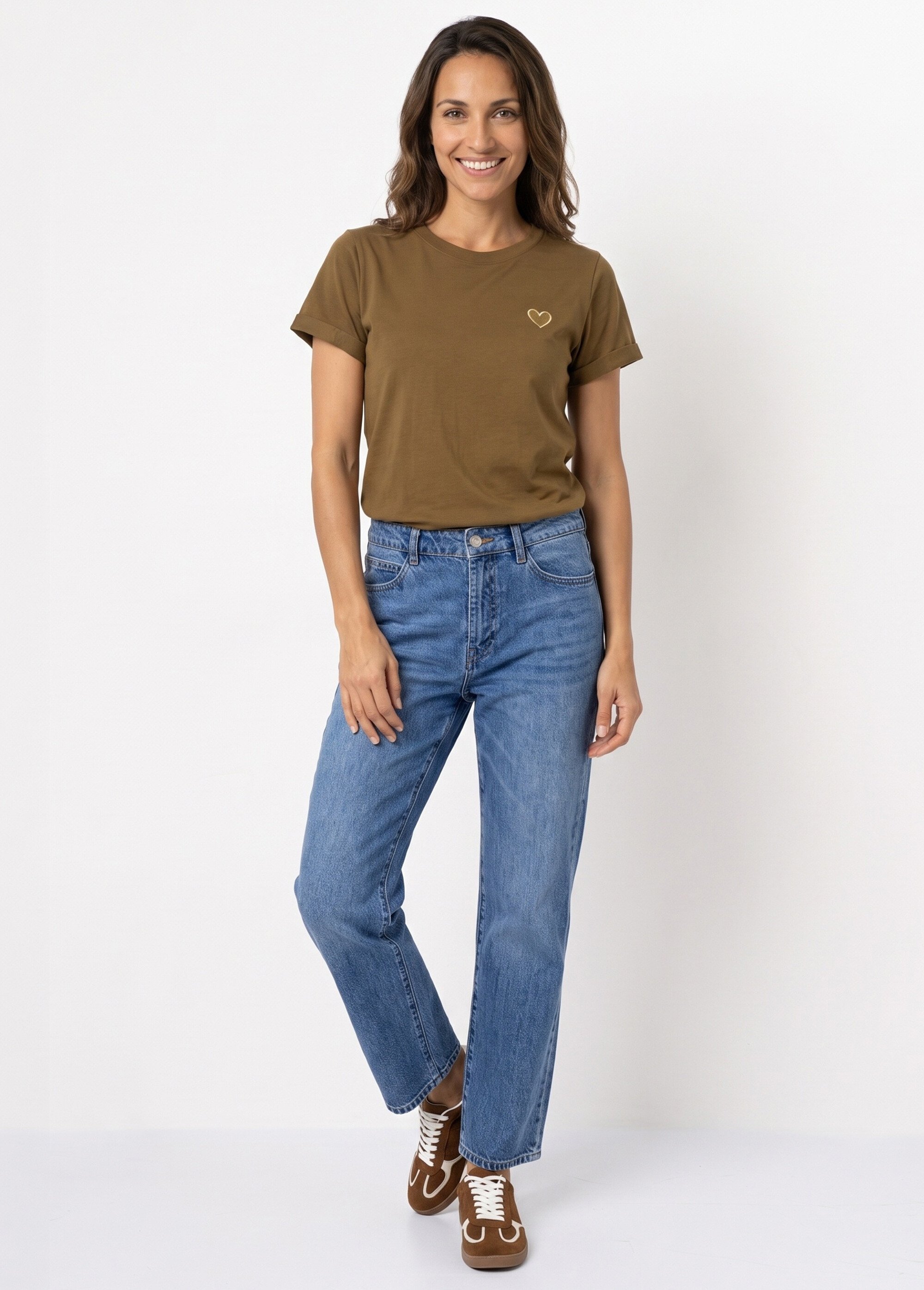 T-shirt manches courtes broderie coeur Femme Vert IA-M502 SI1