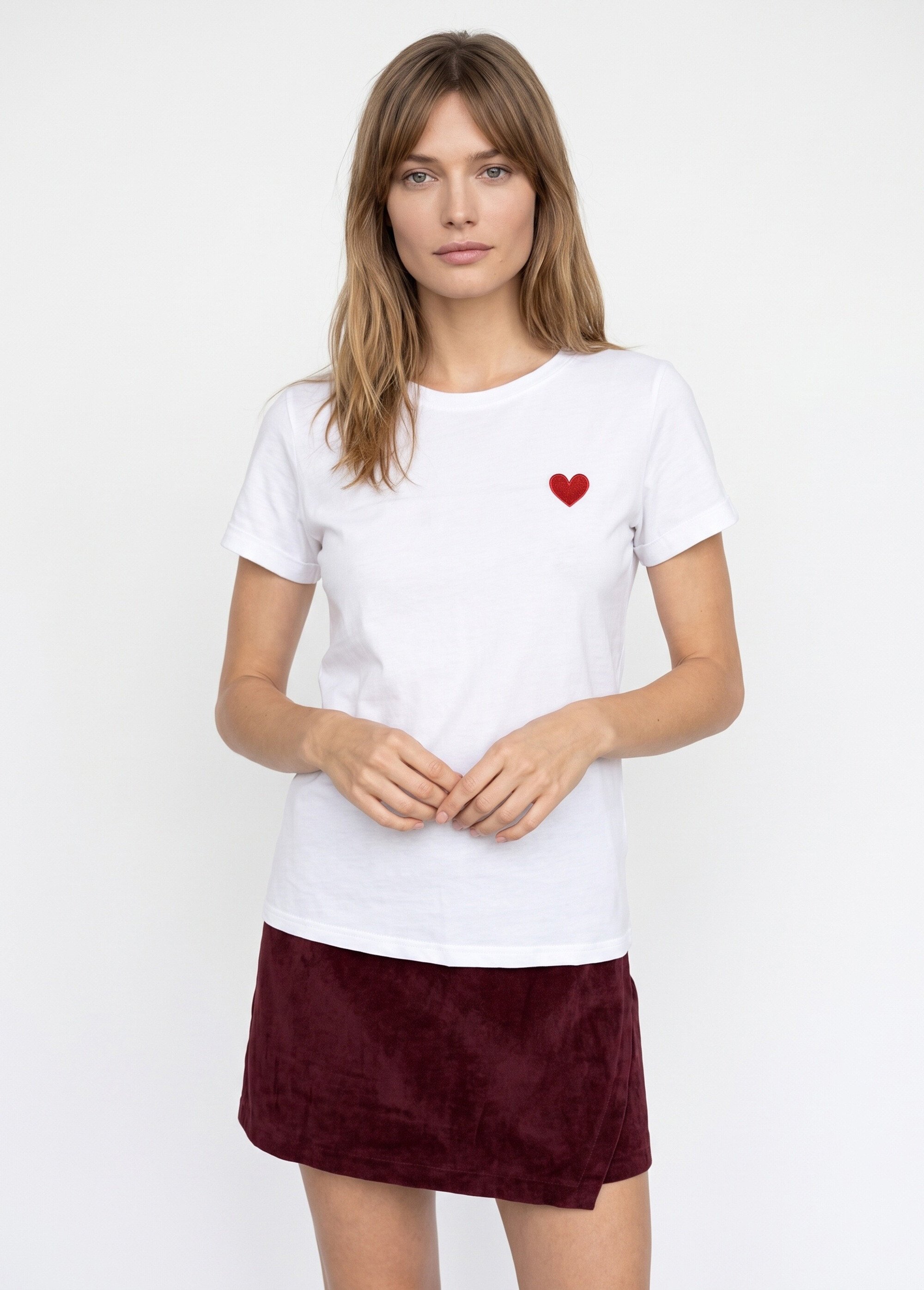 T-shirt manches courtes broderie coeur Femme Blanc IA-M502 FA1