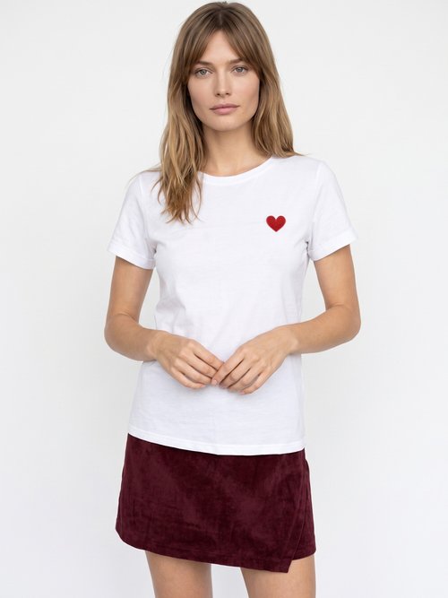 T-shirt manches courtes broderie coeur Femme Blanc IA-M502 FA1