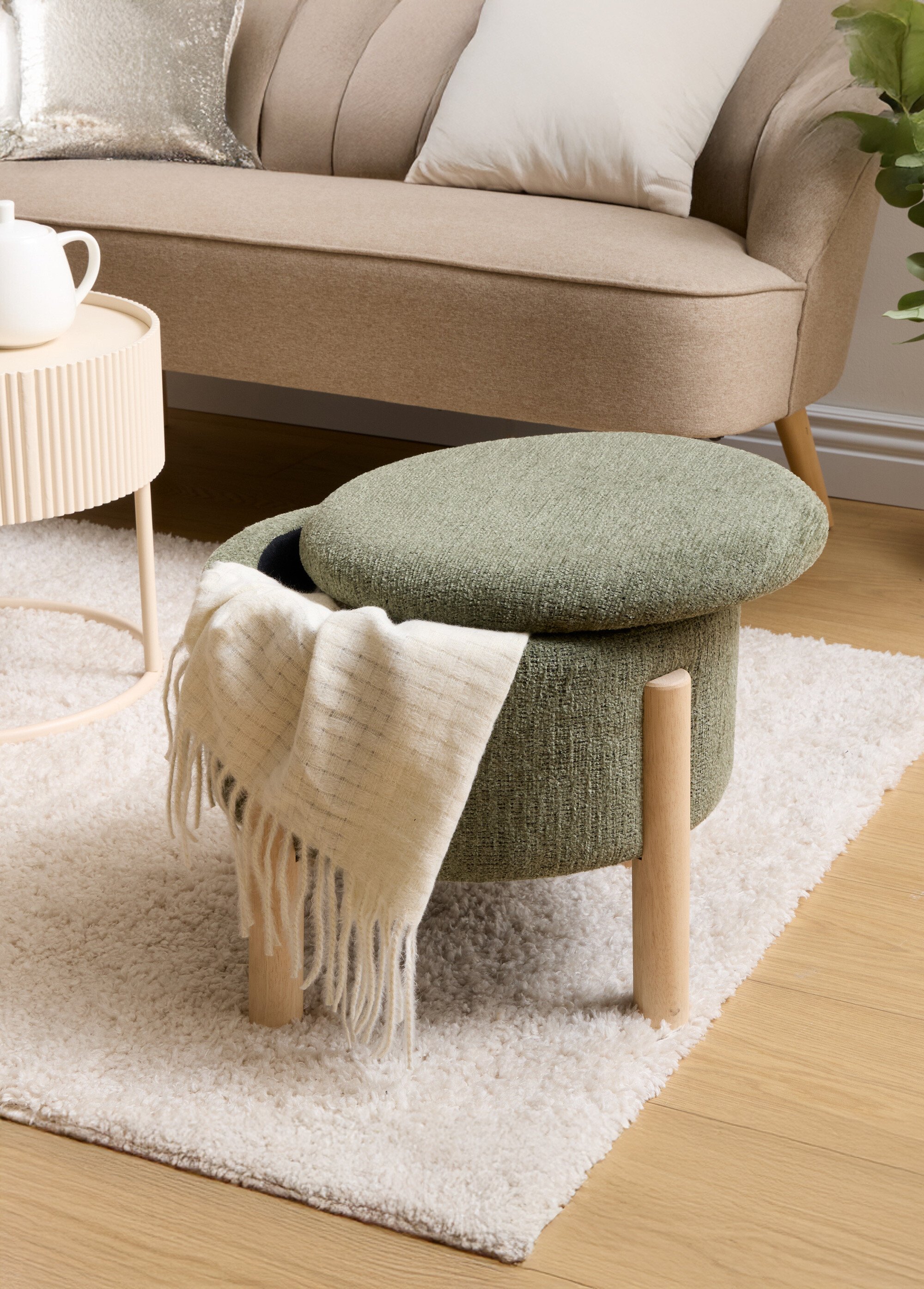 Tabouret en bouclette, coffre rangement VERT JJA-214222A SI1