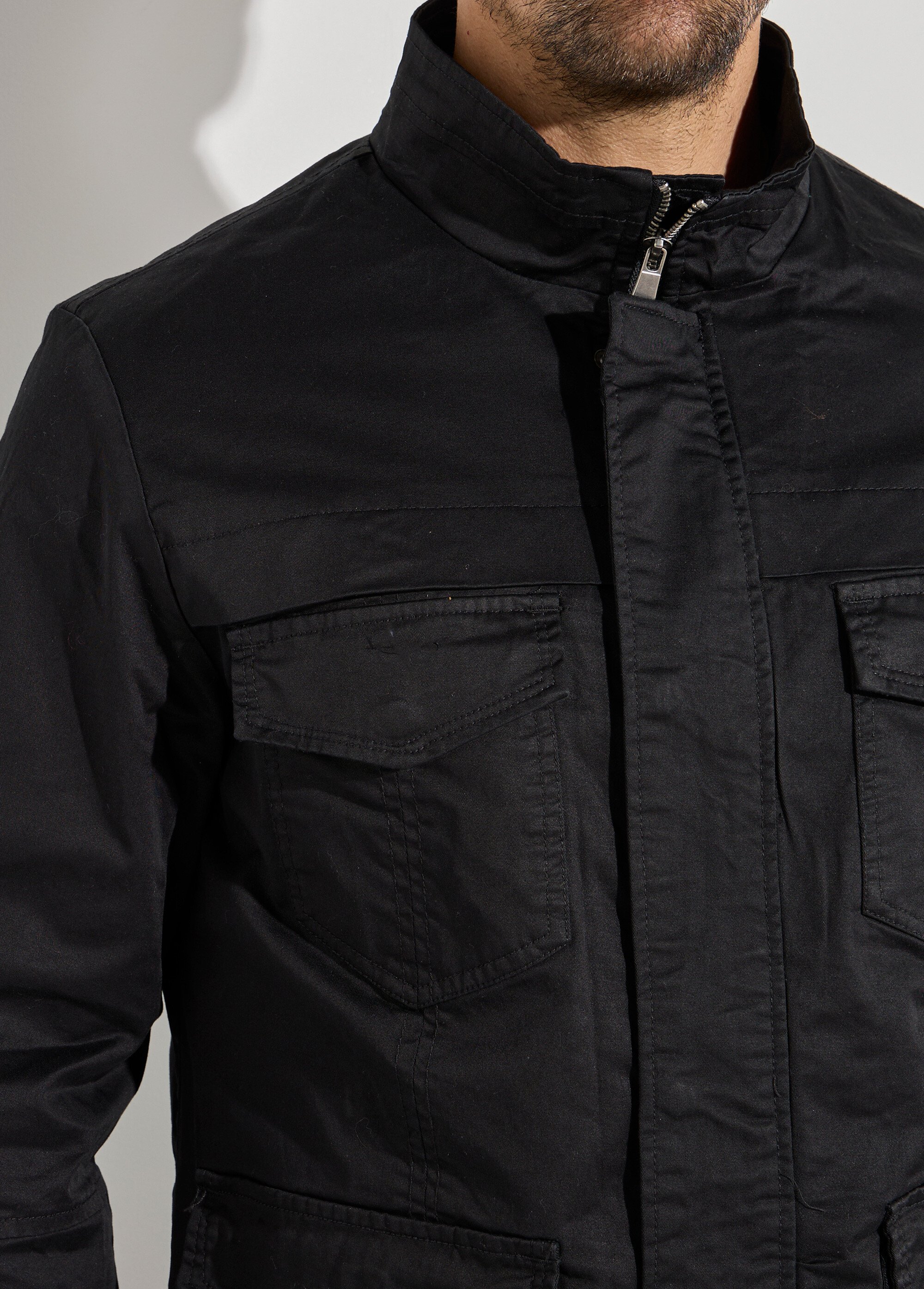 Veste casual multipoches col montant Homme Noir KYM5166 DE2