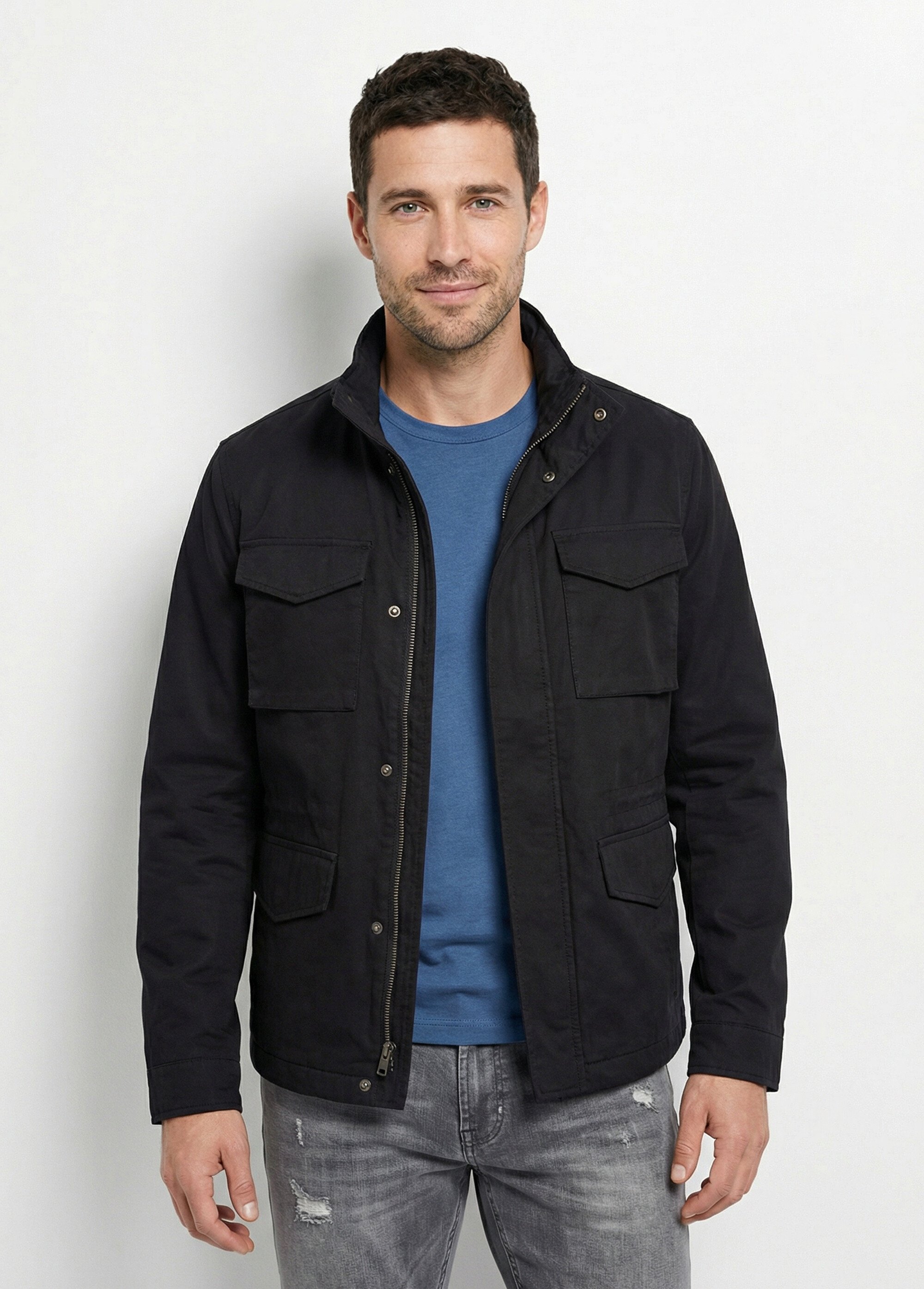 Veste casual multipoches col montant Homme Noir KYM5166 FA1