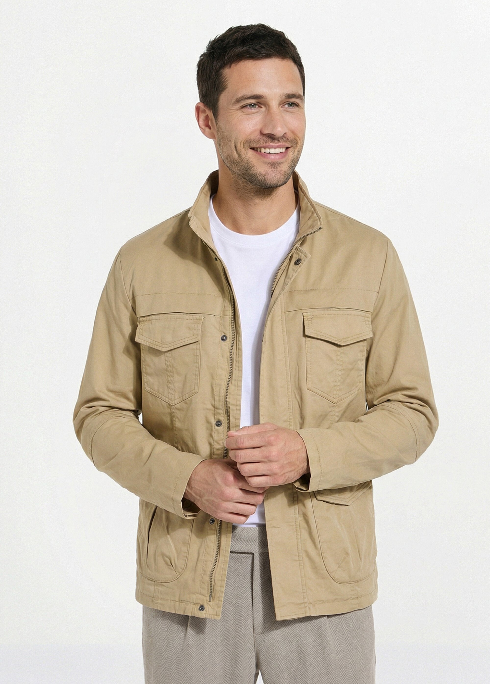 Veste casual multipoches col montant Homme Beige KYM5166 FA1