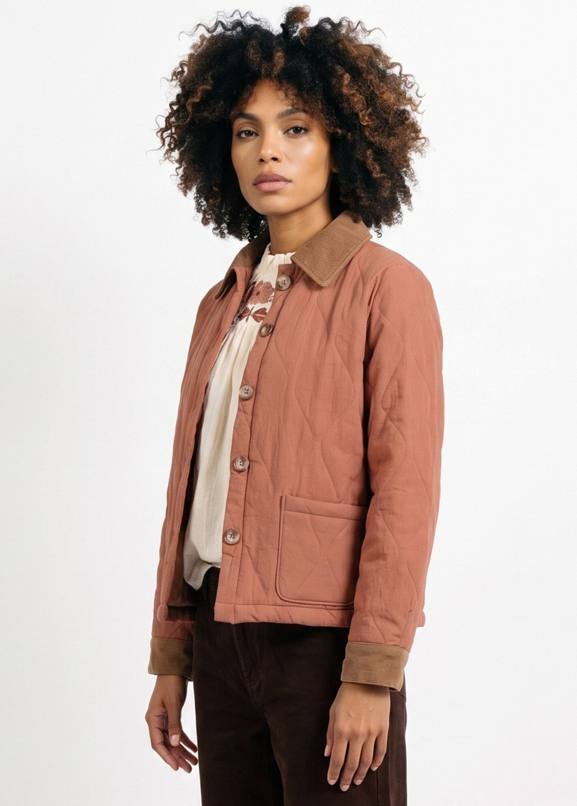 Veste matelassée courte détails velours Femme Marron IA-T179 DR1