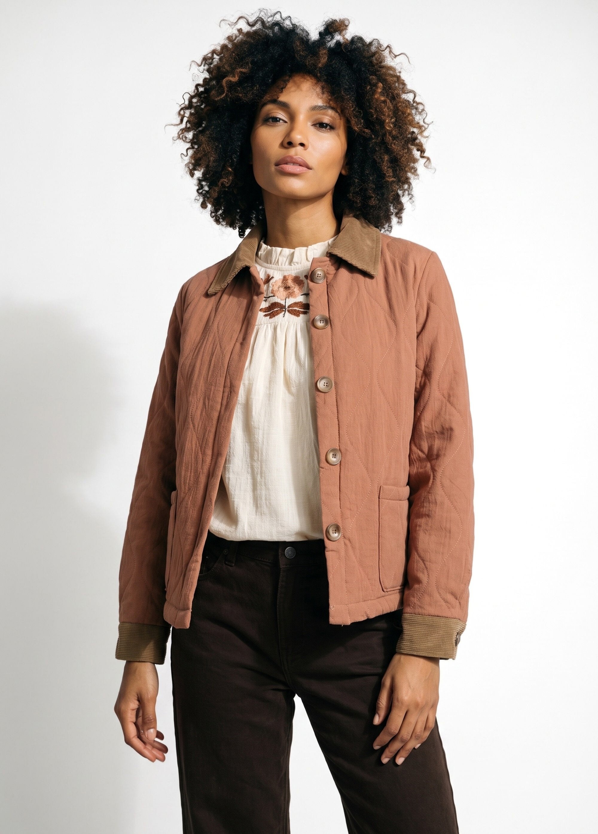 Veste matelassée courte détails velours Femme Marron IA-T179 FA1