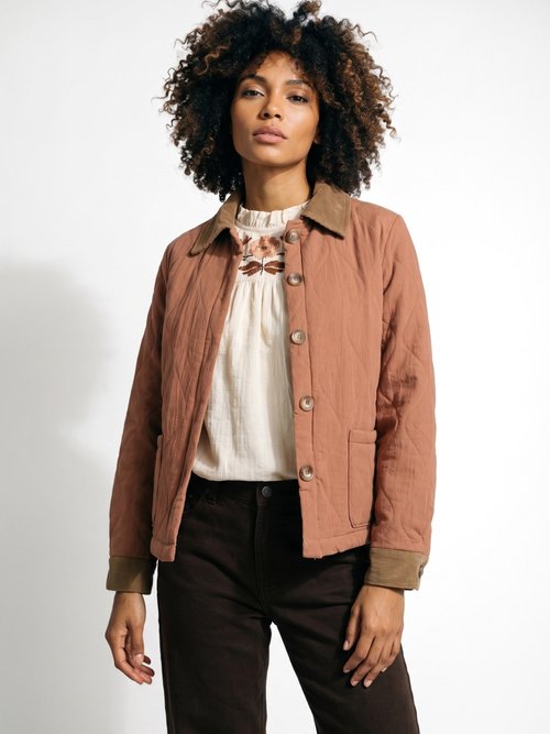Veste matelassée courte détails velours Femme Marron IA-T179 FA1