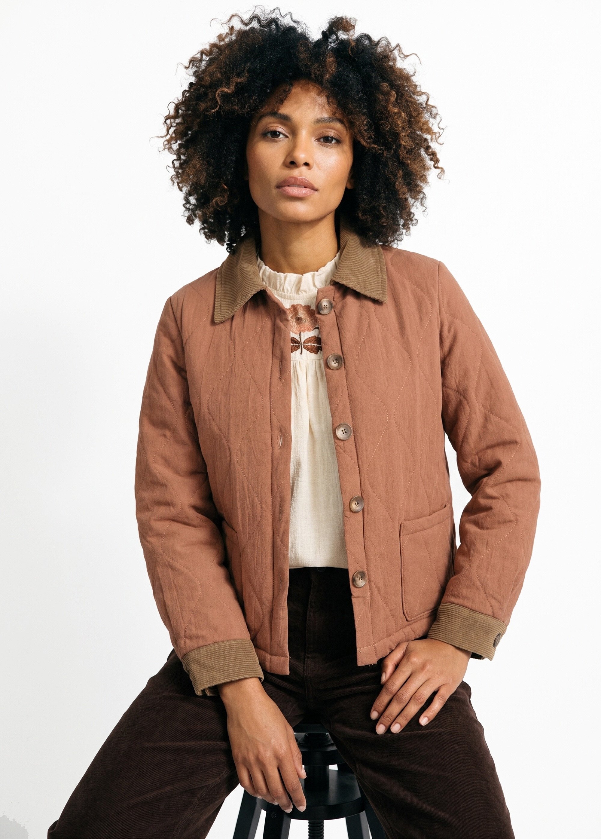 Veste matelassée courte détails velours Femme Marron IA-T179 MV1