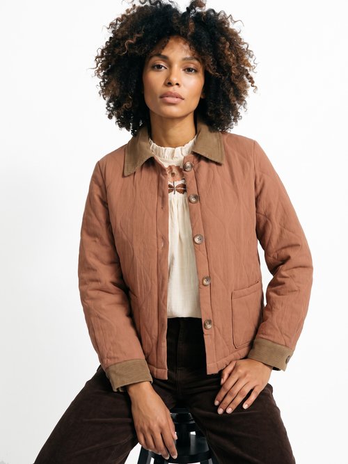 Veste matelassée courte détails velours Femme Marron IA-T179 MV1