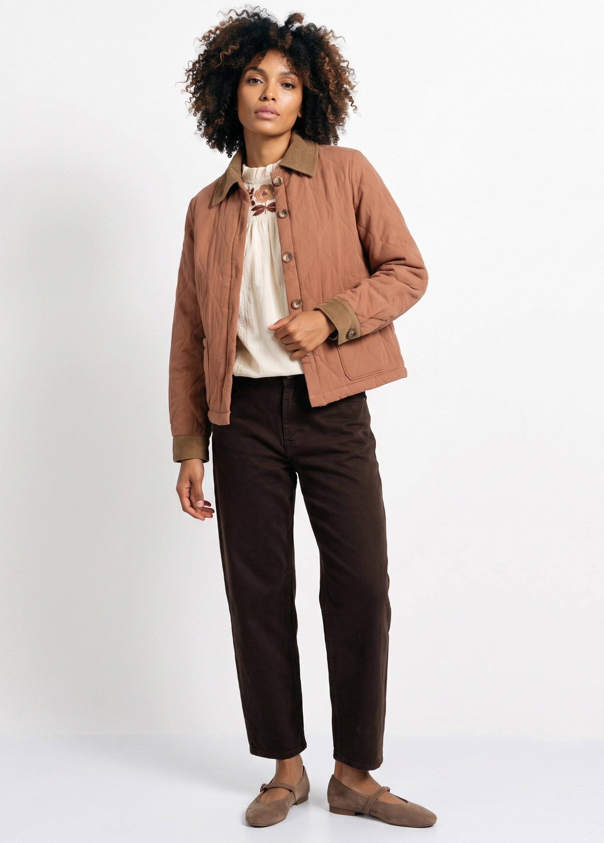 Veste matelassée courte détails velours Femme Marron IA-T179 SI1