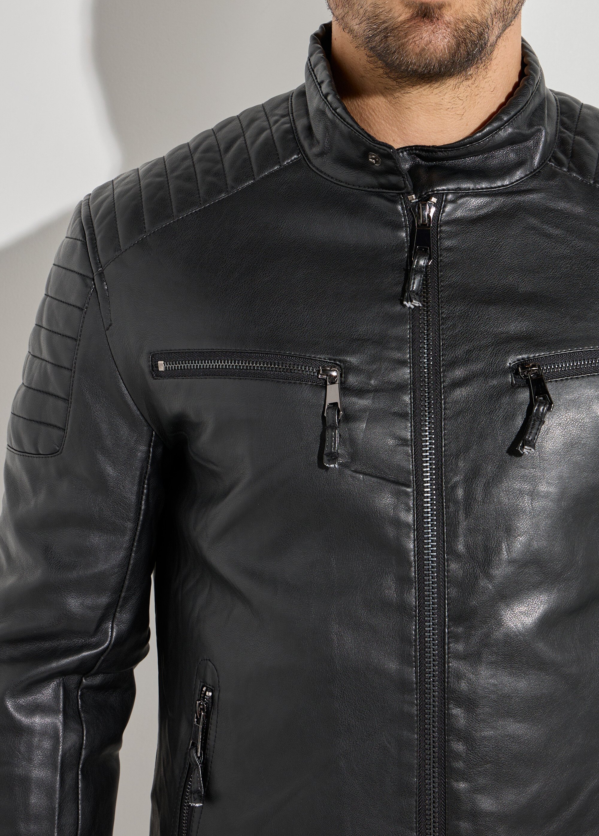 Veste motard simili cuir, col montant Homme Noir KYM5028 DE1