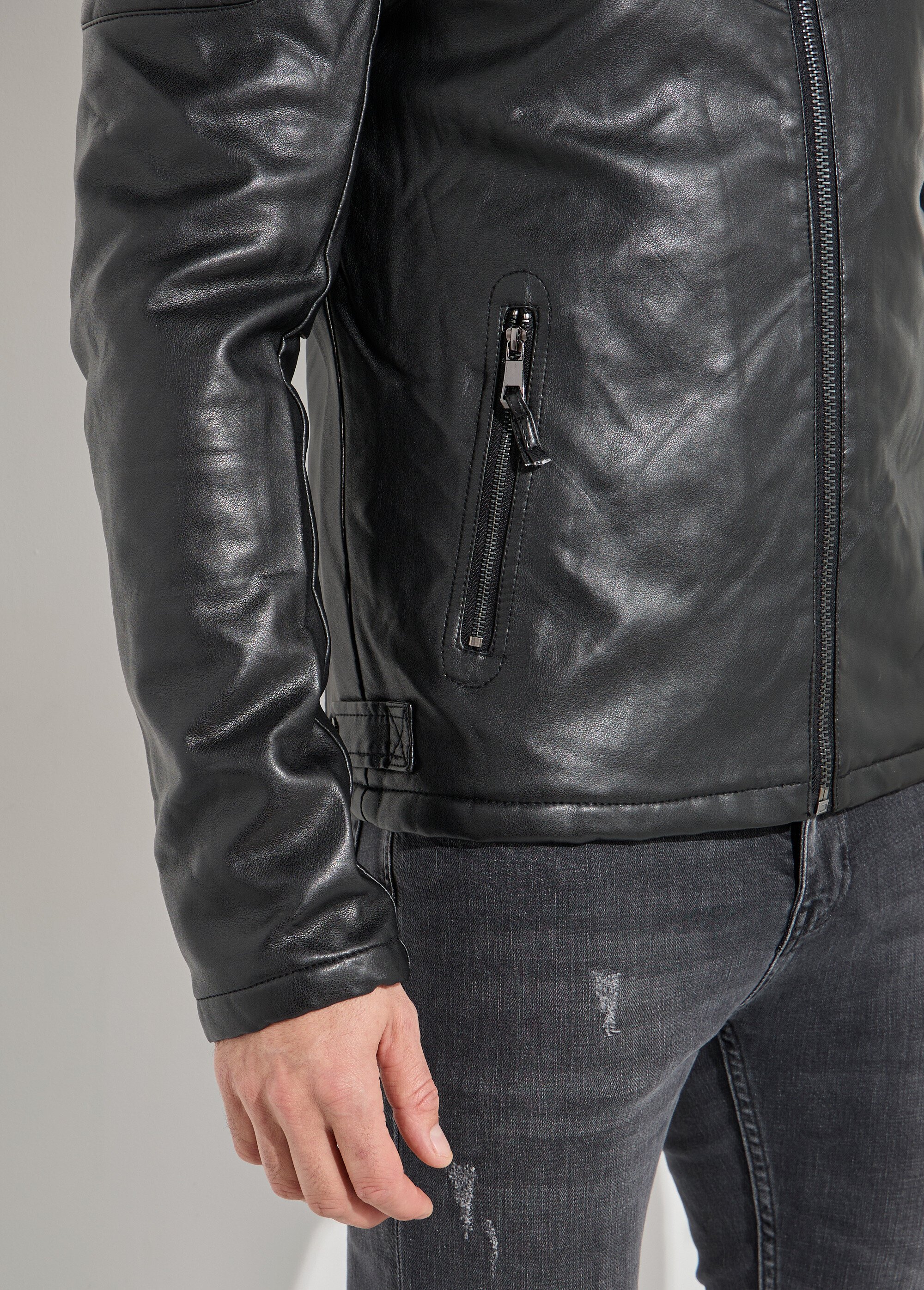 Veste motard simili cuir, col montant Homme Noir KYM5028 DE2