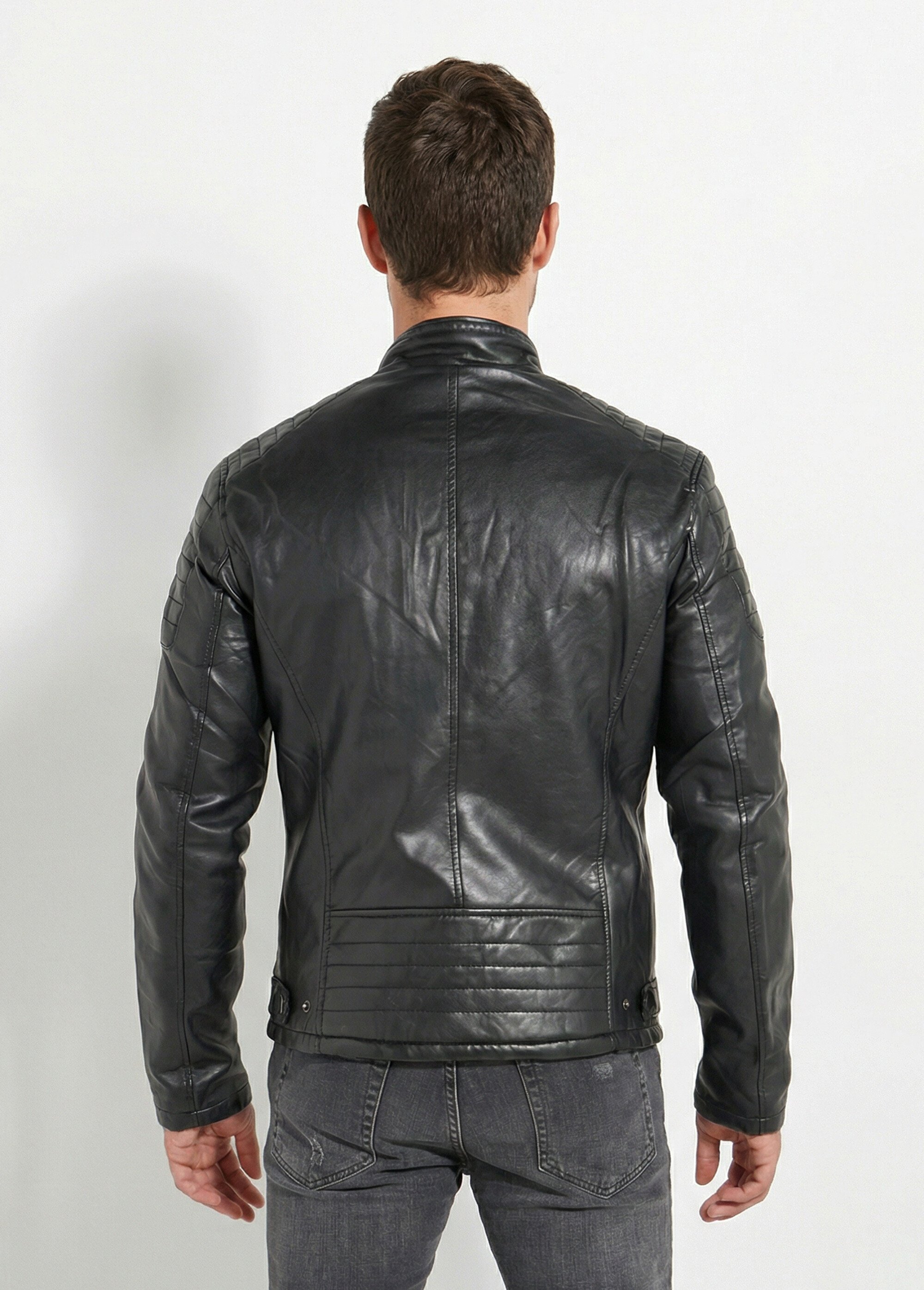 Veste motard simili cuir, col montant