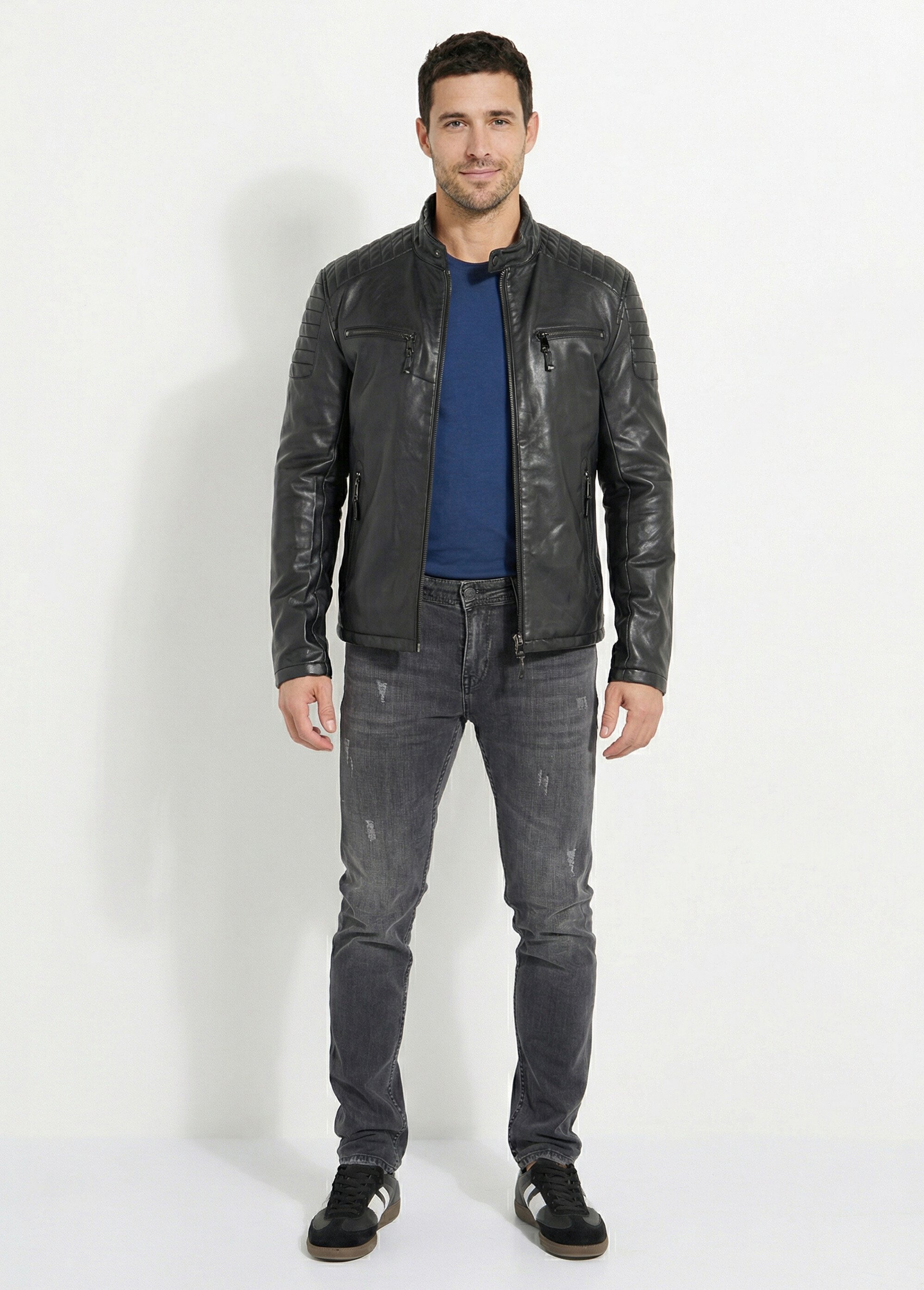 Veste motard simili cuir, col montant Homme Noir KYM5028 SF1