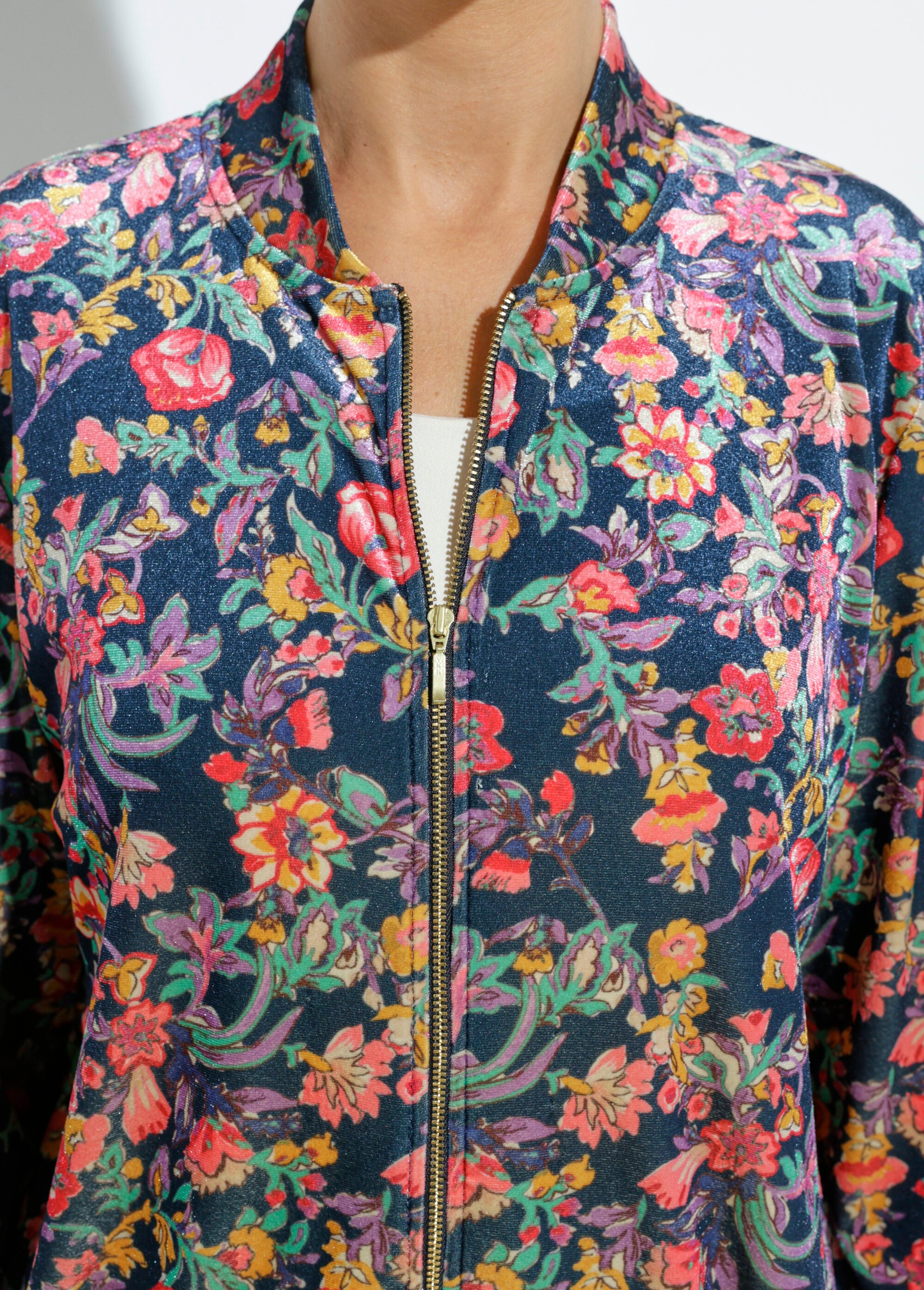 Blouson bombers zippé velours ras fleuri Femme Bleu THIERRY DE1