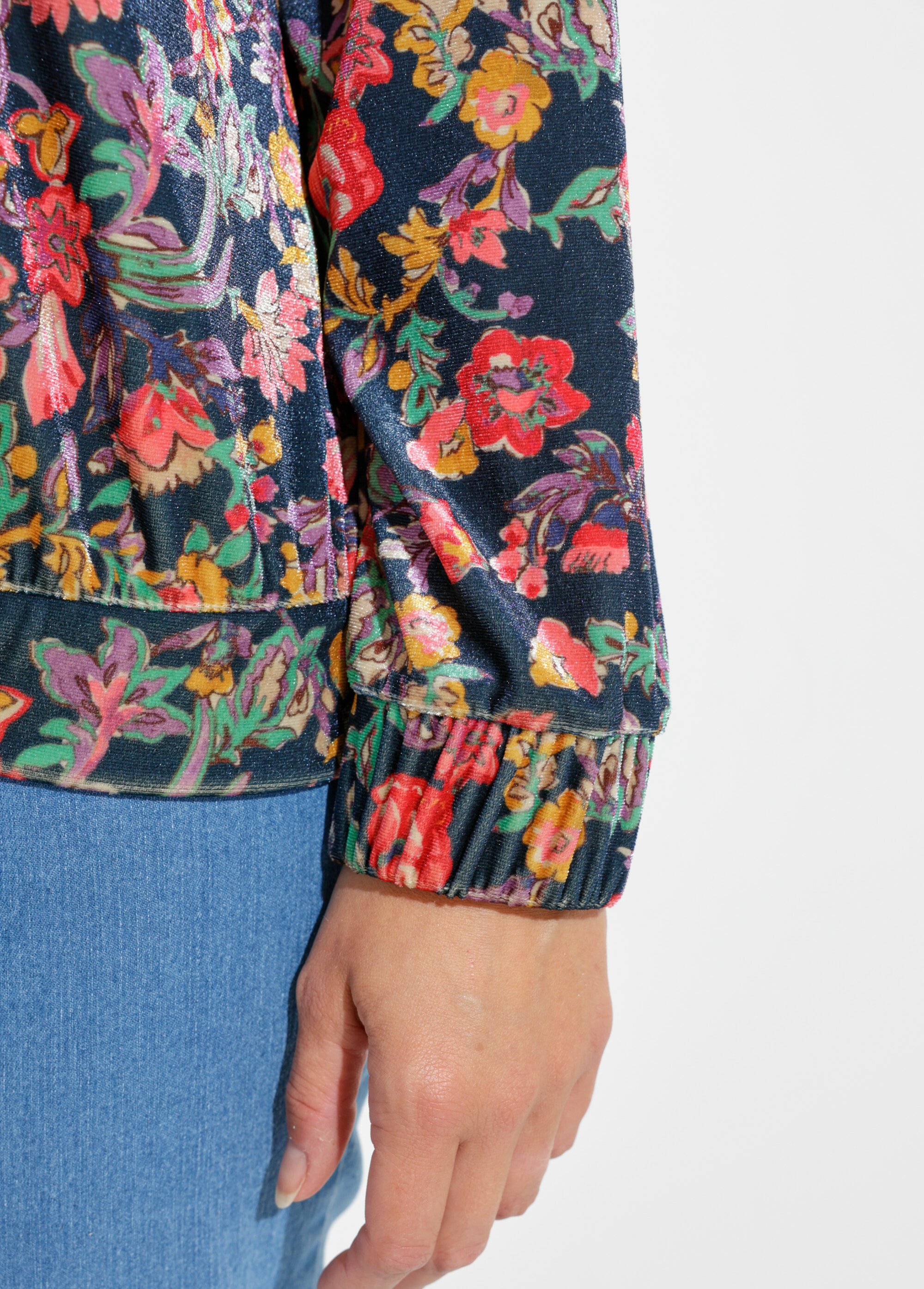 Blouson bombers zippé velours ras fleuri Femme Bleu THIERRY DE2