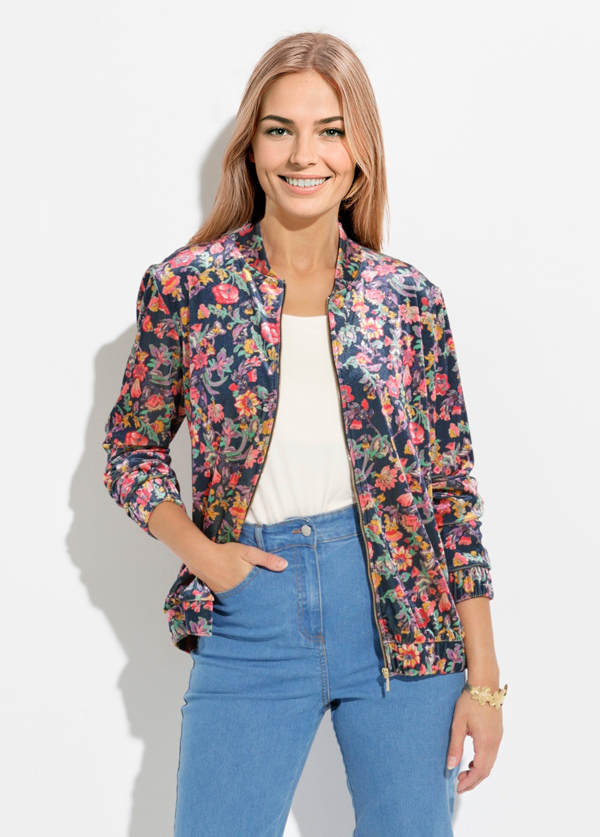 Blouson bombers zippé velours ras fleuri Femme Bleu THIERRY FA1