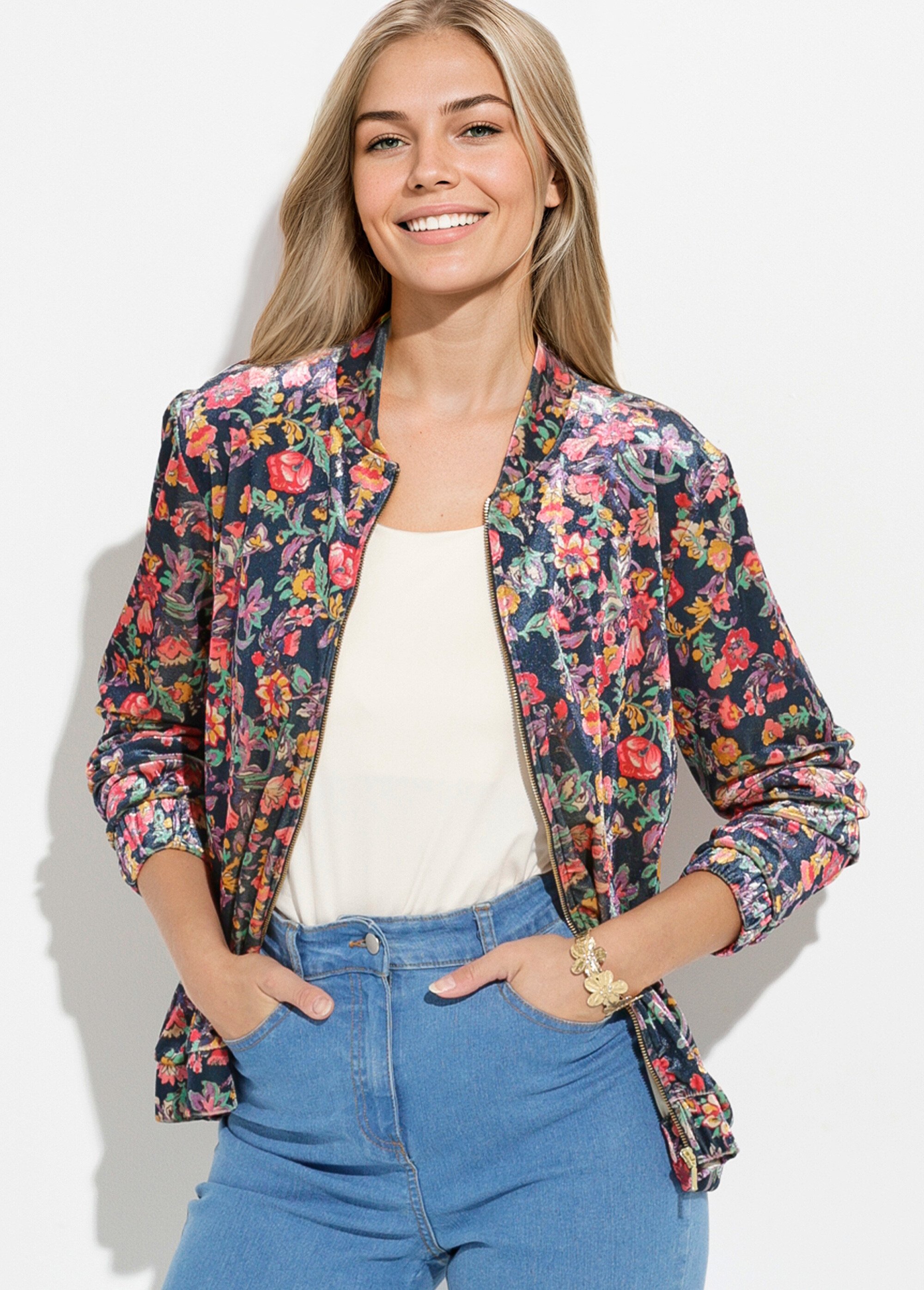 Blouson bombers zippé velours ras fleuri Femme Bleu THIERRY MV1